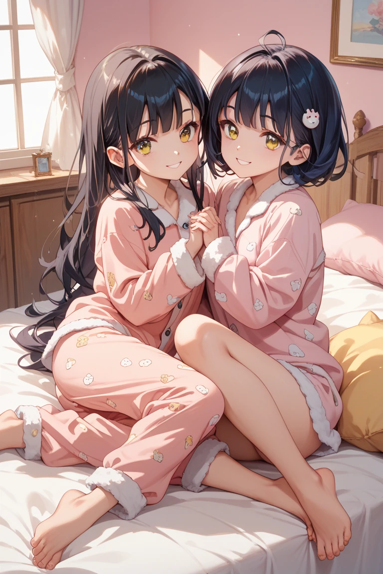 2girl,leg up,barefoot,foot focus,foot up, pajamas,lying in bed,hug