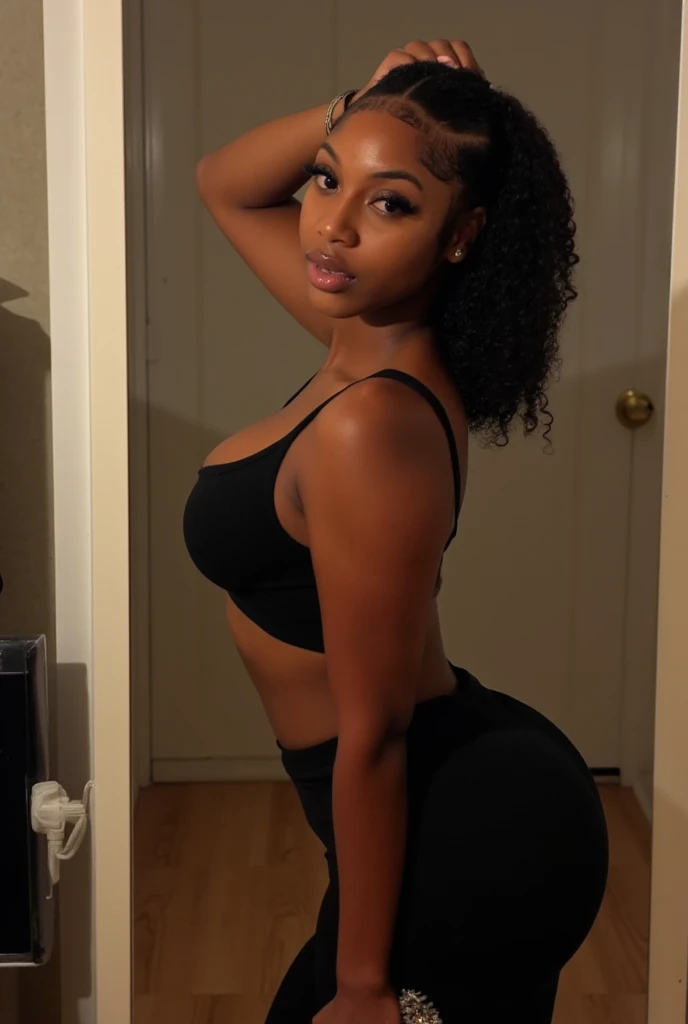 realistic, bubble butt dark skinned Hispanic girl, blond hair, standing legs apart, solo, arched back, 1girl, 18 years old, baby face, in magic shop, big lips, long hair, straight hair, extremely beautiful, blue eyes, ultra full lips, ((ultra thin waist)), micro waist, ultra flat stomach, small breasts, ultra wide hips, very thick thighs, pierced nipples, small hands, very round butt, (masterpiece), (best quality), detailed dark skin, wearing black jean shorts, topless, open mouth, screaming, hourglass body, make-up, lip gloss, magical light energ