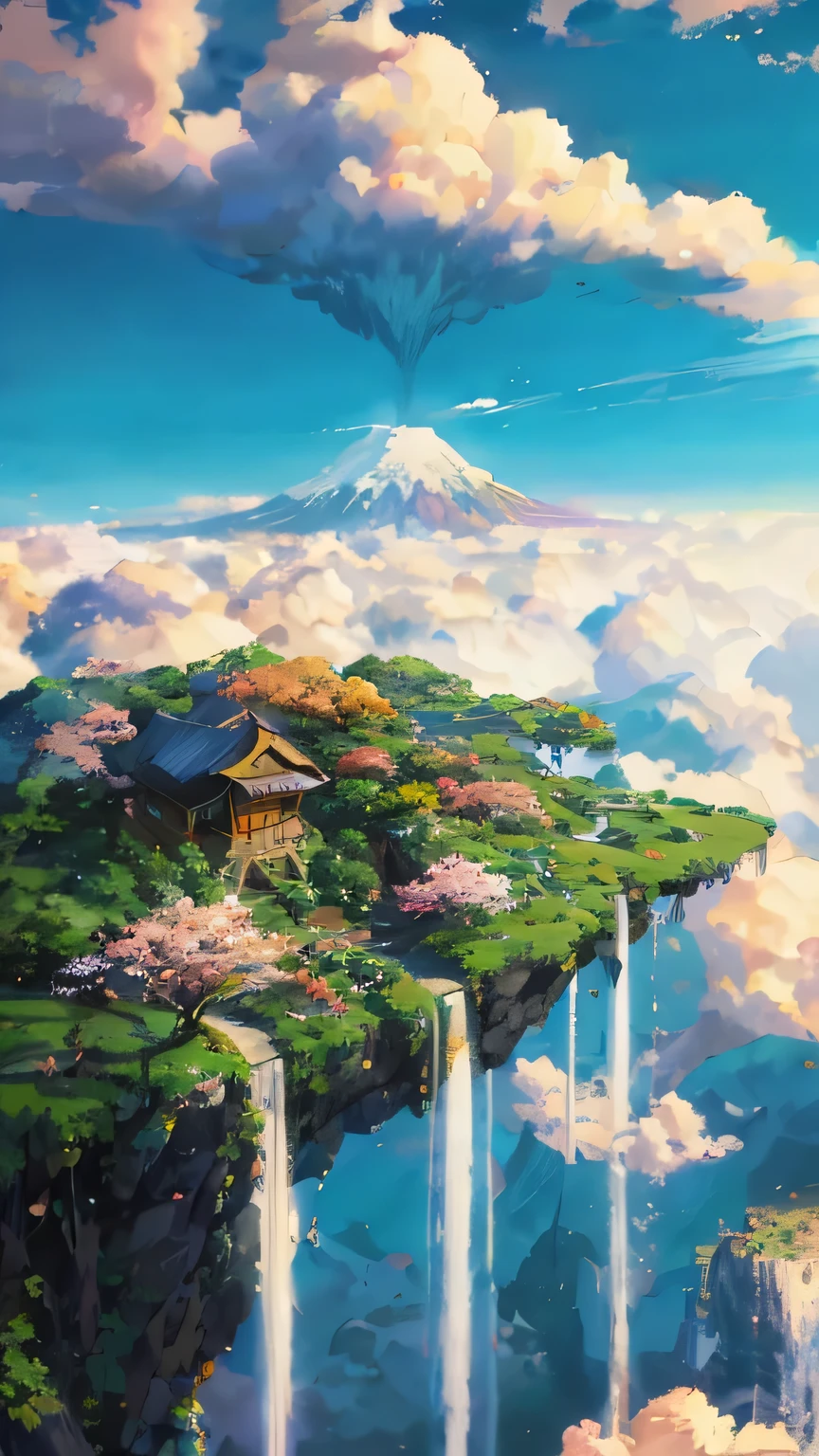 a painting of a waterfall and a house in the sky, anime landscape, makoto shinkai cyril rolando, anime nature, beautiful anime scenery, anime beautiful peace scene, anime scenery, dojo on a mountain, japanese fantasy, anime landscape wallpaper, beautiful anime scene, amazing wallpaper, ross tran. scenic background, traditional japanese concept art, flying island in the sky