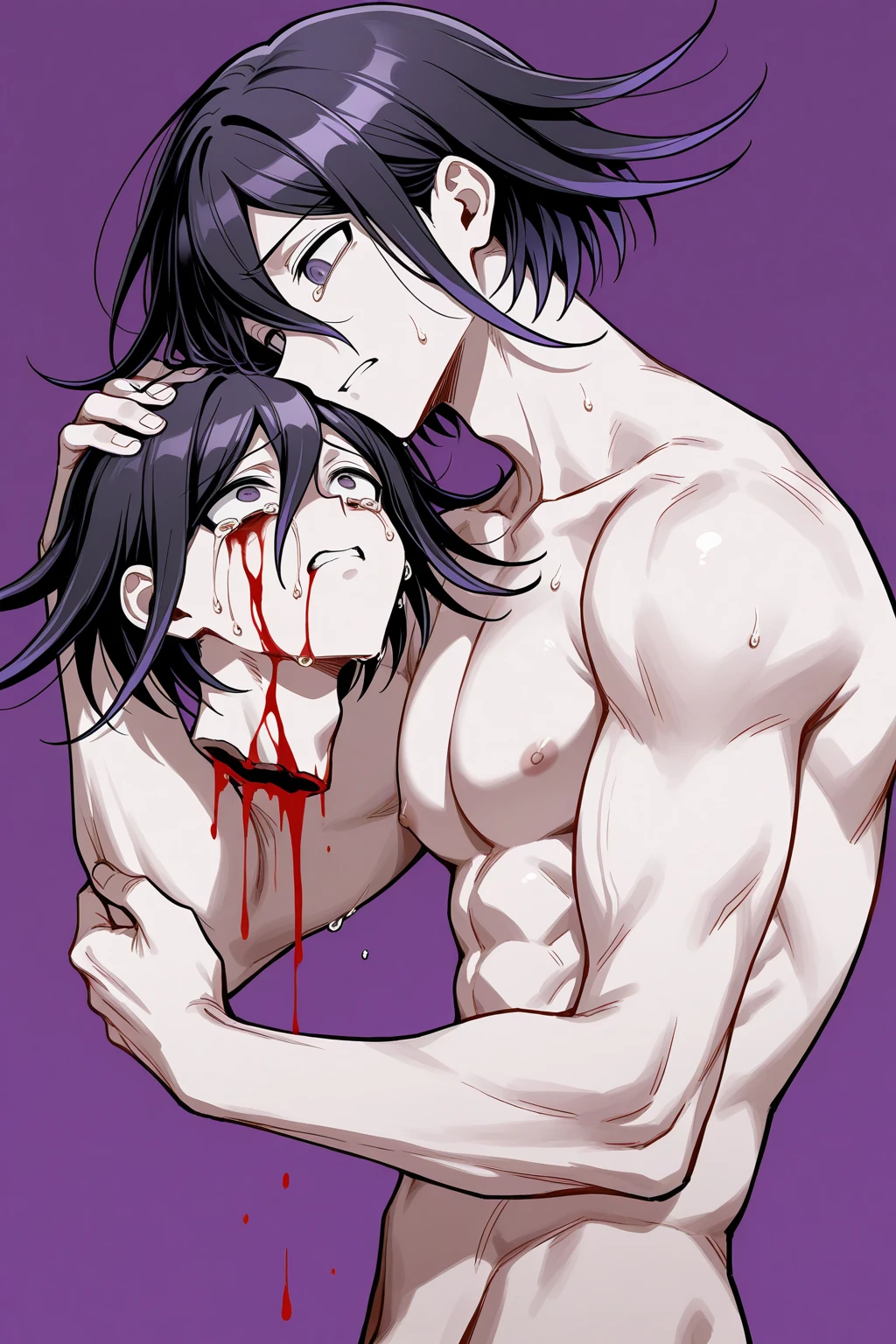 Best quality, masterpiece, intricate details, muscular male vampire, vampire fangs, extremely pale skin, beautiful medium length hair, red eyes, seductive look, wolfcut blond hair, one big nipple ring, fucks a handsome tanned male human, mating press, anal sex, sex from behind, grabs head, grabs hair, in misty graveyard, cumshot, cum, ((explosive cum)), ((projectile cum)), bukakke, cum on face, at night, gay, homoerotic, best view, manga art style, perfect fingers, no watermark, no logo, no signature