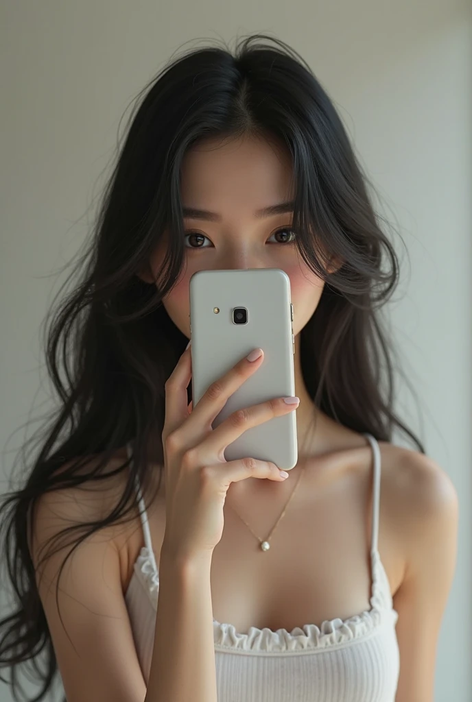 Beautiful young woman taking a selfie, Taken with iPhone camera、The beauty of Japanese women、Brown Hair,Long Hair、G Cup、Big Breasts,Upper Body,One person、naked