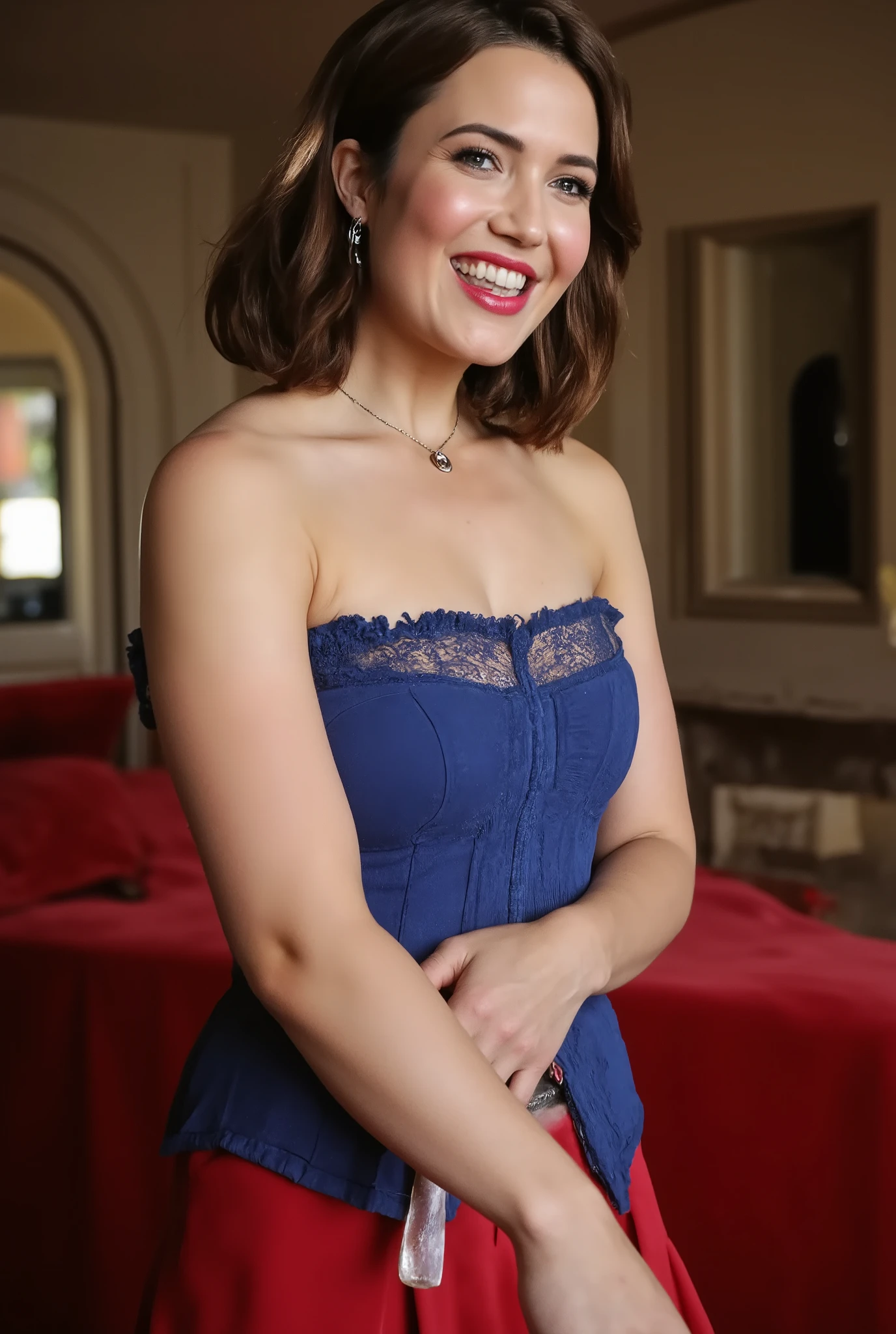 A close-up of a sensual, evil-smiling seduction scene in A Bewitching: A glamorous female singer with overwhelming beauty and heavy makeup, wearing her stage costume of a Royal Blue satin off-shoulder dress with glitter, suddenly appears from the shadows of an unoccupied, eerily bright ship's corridor and seductively beckons a lost man. The man succumbs to his carnal desires and gives in to the temptation, losing himself in the pursuit of the woman's voluptuous buttocks as he is led along. The woman, who entered the elevator first, urges him to enter, saying that they will do something naughty inside, when the elevator is broken, and in fact the entire bottom panel has fallen out, revealing an abyss inside the shaft. She is a lost evil spirit who lures the living to death. Demonic, evil and lascivious grin showing teeth and oral, head tilted back, seductive gaze, looking at the viewer, front, pov, focus on woman, bust shot, bright and strong overall lighting, brunette with short permed hair, reflective blue eyes, shining red lips that look wet, aesthetic, glamorous, soft and curvy, bodycon, pale skin, neck, collarbone, shoulders, full upper chest, deep cleavage, saggy huge breasts, Pearl White long gloves, seductive pose using both hands