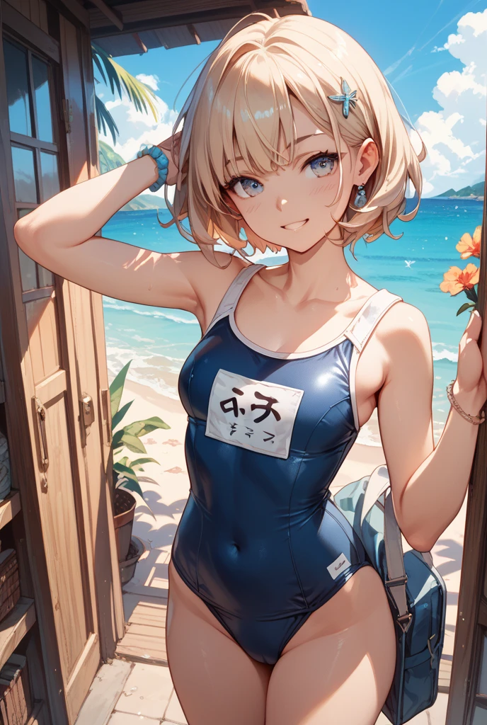 Youmu,flat chest,Navy one-piece school swimsuit, smile、cowboy shot、、stylish pose、