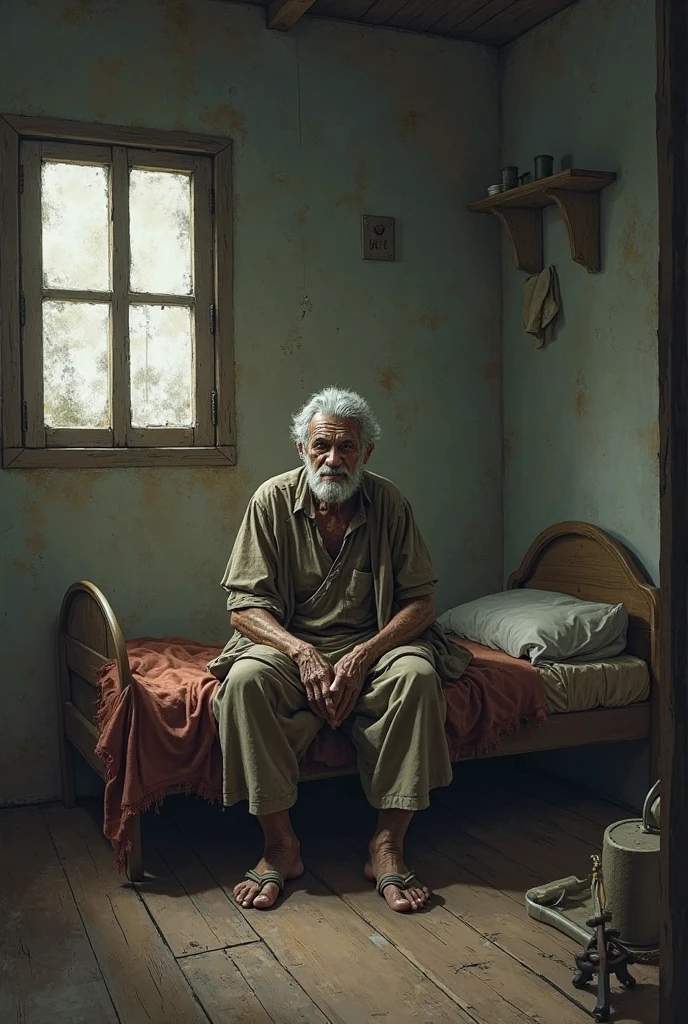 A realistic image of a modern. A poor islamic old man comes ill in bed