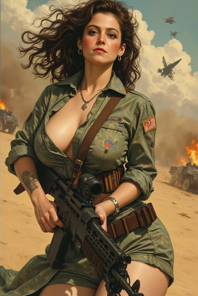 Pinup in short clothes surrounded by soldiers in the 2nd. World War not Mort Künstler style. Oil illustration.