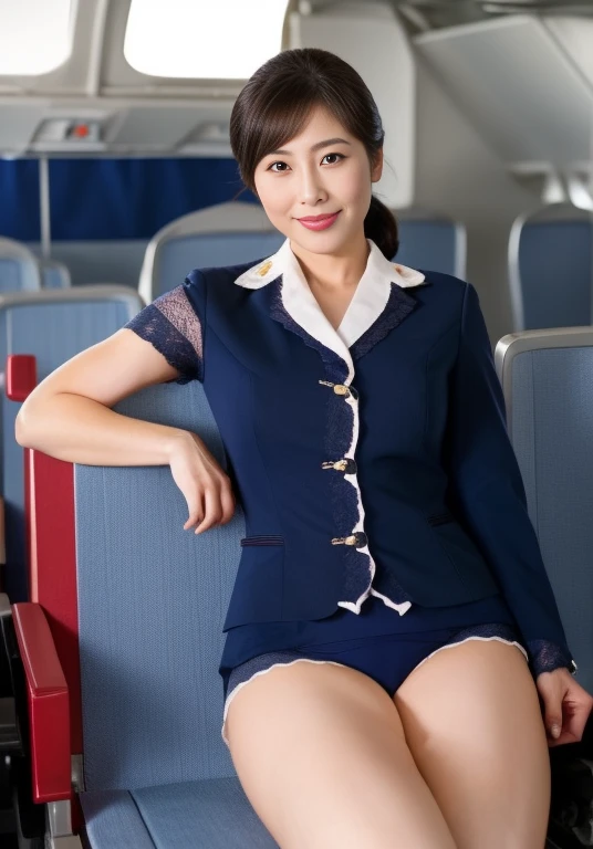 Super detailed, 8k, highest quality, Accurate, Anatomically correct, elegant, 55 years old, japanese, black hair, Mature Woman, granny, heavy makeup, Bobcut, sexy, nude, nude, nude, nude, full body, Showing your female ?????????, pubic hair, fair skin, wrinkles skin, detailed skin, Stomach wrinkles, Sagging breasts, Wrinkles on the stomach, Wrinkles around the eyes, Brow wrinkles, smile, pearl Earrings, silk sky blue scarf, silk floral pattern scarf, airplane, standing, airplane,passenger room, flight_attendat, cabin attendant uniform, JAL, CA, Morning light from the front, 35mm lens, Depth of written boundary,1 mature woman