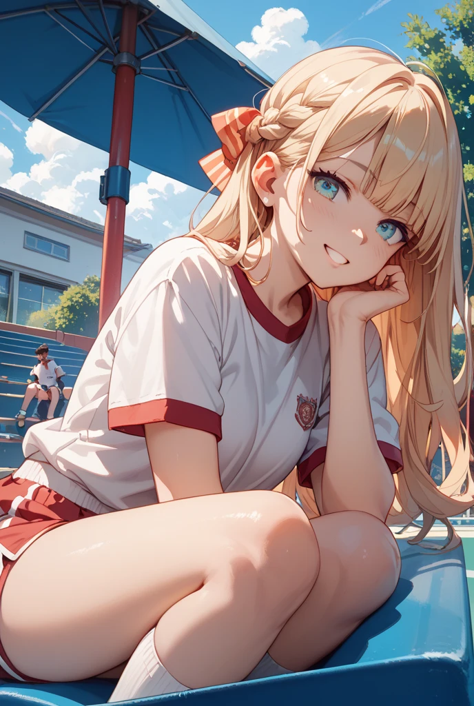 mastute piece,Best Quality,insanely detailed,8k cg,nsfw,
shoot upper body,(body in front:1.1),
1girl,standing,looking at viewer,(bowling uniform),bare breasts,
break,blush,shy,(trembling:1.2),Blonde hair,(large breasts:1.2),(open mouth:0.9),(bowling alley),