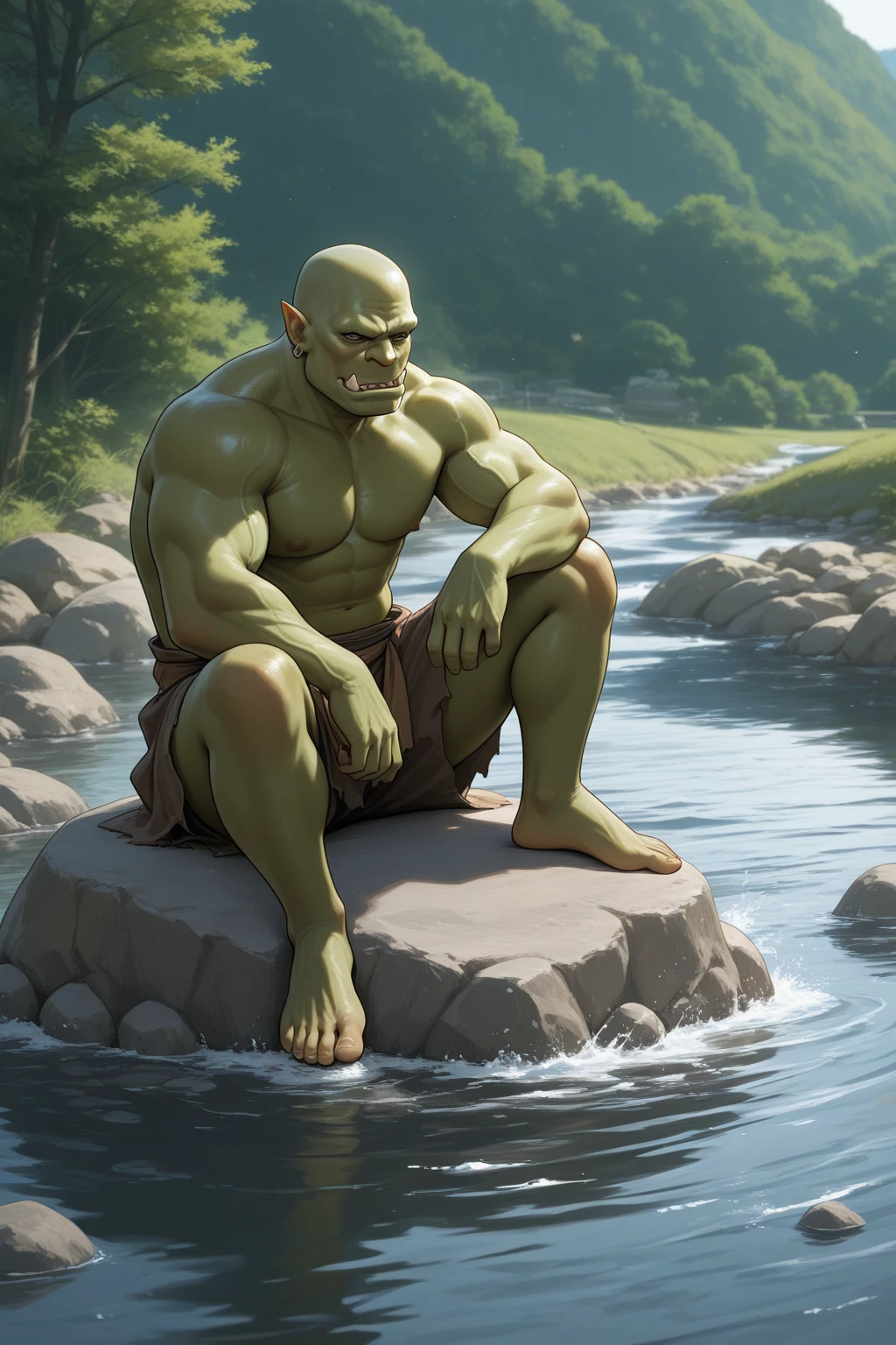(1orc, solo, (standing from behind) ), (orc is nude, big dick, bald, muscular, (detailed eyes, face)), (background, enchanted forest, waterfall), (detail):1.1, (full body)
