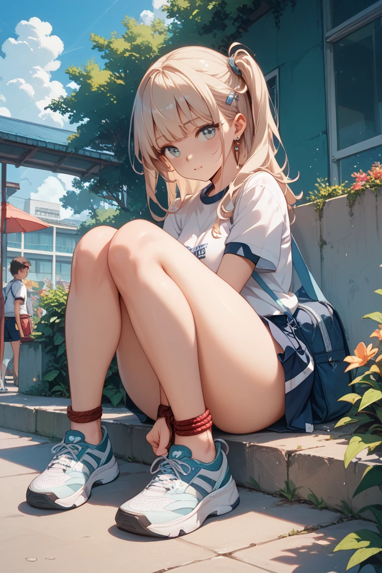 super detailed、High resolution、Super beauty　highest quality、8Kのmasterpiece, highest quality, real image, intricate details, The super detailed, 超A high resolution, depth field,(Photoreal,realistic:1.2),masterpiece, 0.25 :: Close-up , shot from the front ,positive、 Upskirt,((1 girl))),Girl in gym clothes、,outside the house、playground、(highest qualityのイラスト:1.2), (pretty girl:1.1), (1 girl, solo:1.5), (1 girl、16 years old、highly detailed eyes:1.2)、(small 、small breasts)、perfect shiny skin, perfect skin, pure white skin, small breasts,, thin waist, light blush, solo, looking at the viewer, troubled face,　Perfect five-finger, chubby under clothes、Sweat、See-through, underwear is transparent:0.8