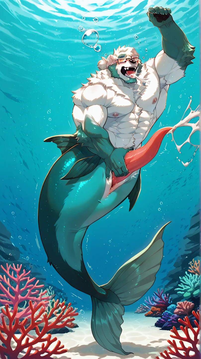 Older merman, mid 50s, orca merman tail, white beard and short hair, cold, deep sea, calm underwater, soothing, dark, scars, bottom of ocean, relaxed pose, merman tail that looks like an orca tail, merman