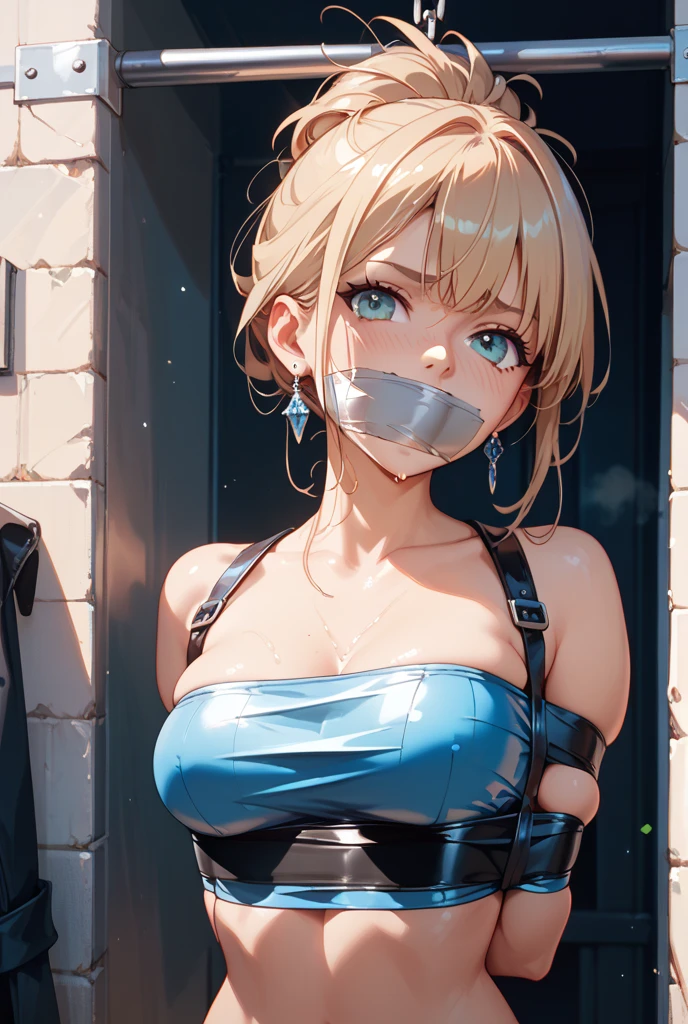 Shiny blond hair, very long hair, sophisticated haircut, ((((hair fully braided)))), ((small twisted braids)), thin and oval face, submissive, (((gagged))), ((((open denim jacket showing her breasts)))), cute and blushing 18 years old anime girl, look away because she is embarrassed and blushes, bright blue eyes, detailed face, detailed members, detailed arms, detailed hands, ((((sparkling diamond jewelry)))), tiara, ((makeup)), high heels, puffy sleeves, long gloves, long eyelashes, Girl lying, tied by ropes, shackled, can no longer move, tied tightly, very hard tied up with lots of ropes, hampered by so many ropes that she can no longer move, bound hands and feet, ropes tie his whole body, tied extremely tightly and forcefully to her bed by a lot of ropes, its limbs are strongly tied together by ropes, his torso is tied up with thick cords, her chest is so tied up with ropes that it sticks out, her legs are tied tightly with thick ropes, his hands are tied behind his back with ropes, she can no longer move her feet, her hands which are tied by thick ropes, she desperately tries to free herself, likes to be tied tight with big ropes, likes to be immobilized by big ropes, lying down, his hands and feet are strongly tied to the railing of his bed, his legs are pressed together and tied with ropes, its limbs are held vigorously by imposing ropes, her hands are tied securely behind her back by ropes, her chest is compressed by strong ropes, she is pressed against her bed and restrained by large ropes (shibari, arms behind the back:1.4), (hands on the back), (masterpiece, best quality) 1.5, 1girl, solo, (sexy, beautiful woman, perfect face, perfect eyes, perfect hands), samus aran, (shibari, arms behind the back:1.4), (hands on the back), Spread the legs, s' ((lie in bed by big ropes)), ((close up of the girl)), ((((lie in bed))))