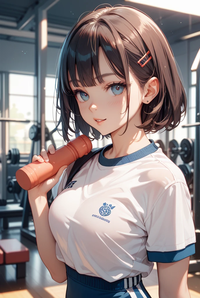 Cute white gym uniform for junior high school students Gym uniform with blue lines around the chest