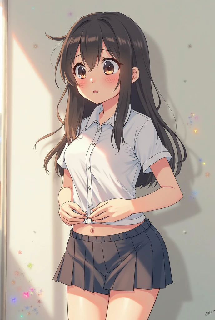 very cute and beautiful girl,(Very detailed美しい顔), (smile),blush,Black Hair,Seraphim,((open white shirt、Navy Pleated Mini Skirt、Undressing pose)),Are standing,(From below),(Lacy white panties), ((locker room、Steel Locker)), (Highest quality,masterpiece:1.0),Absurd,High resolution,Super detailed,Very detailed,32k,8K resolution, Intricate details,Movie Scenes,Detailed Background,alone,Dynamic Angle,