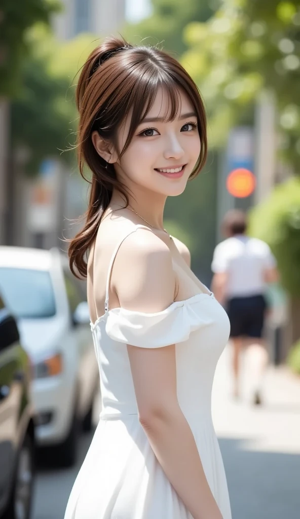 ((best quality, 8k, masterpiece :1.3)), 1 girl, smiling, whole body, face slimming, pretty Woman, (Dark brown long hair), full length white short dress :1.1, Super detailed faces, delicate eyes, double eyelids, Normal chest, blurred background, face slimming, City, external, street, Random body orientation,