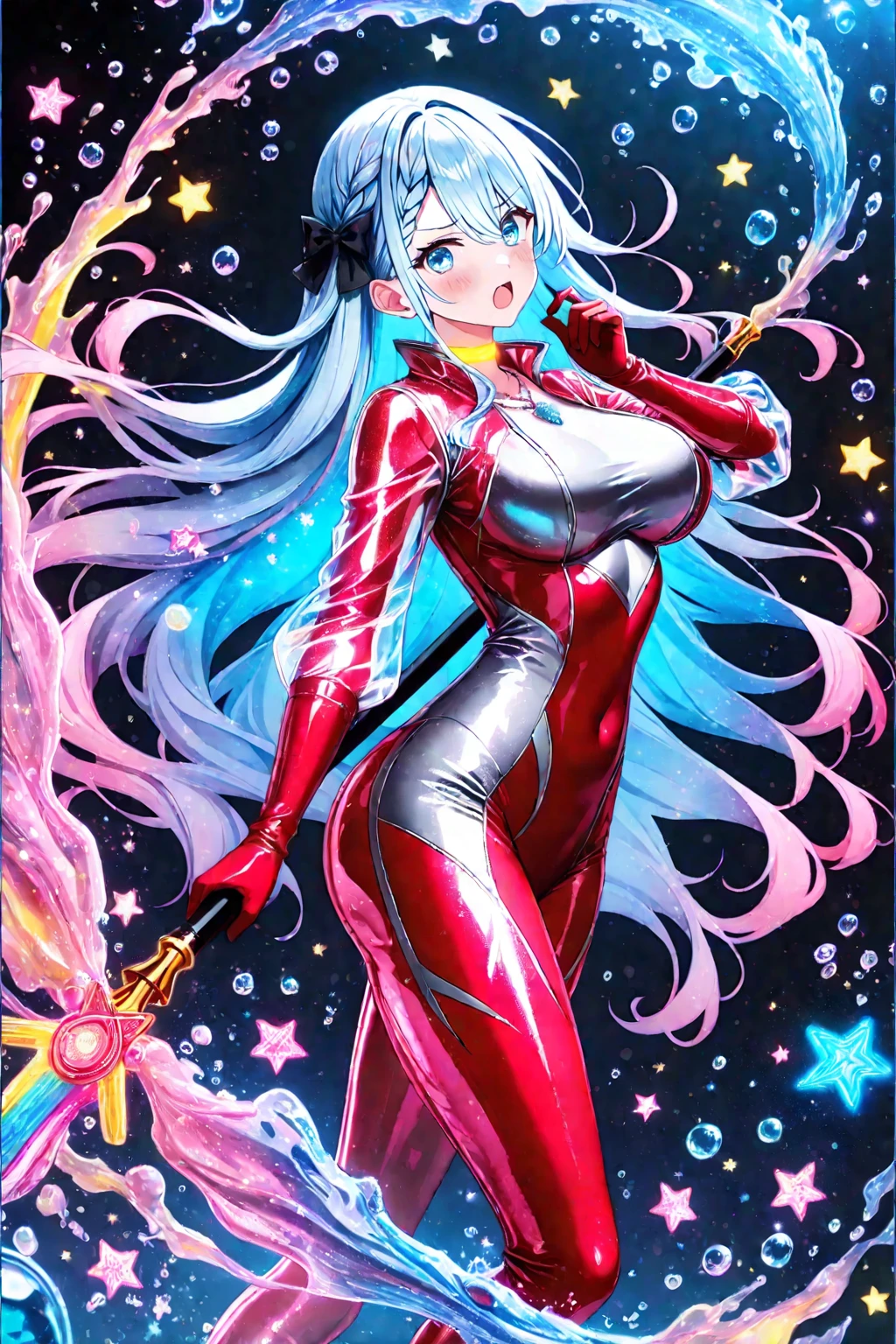 masterpiece, best quality, highres, 1girl, solo, superhero, red leotard, bare legs, red boots, matching boots, aura, blue aura, sleeveless, red gloves, bracelets, matching gloves, looking at viewer, light particles, city backdrop, perfect hands, perfect eyes, powering up, perfect leotard, perfect legs, perfect arms, perfect fingers, light blue and dark green leotard, green hair, aquamarine eyes, medium breasts, short hair, bob hair, blue skin, light sprinkles,