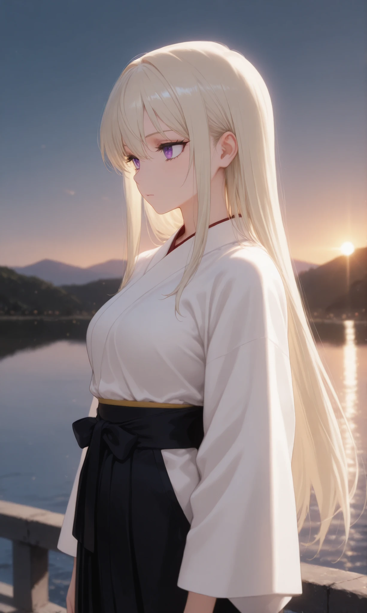 masterpiece, newest, Best Resolution, HD Quality, good lighting, safe. beautiful, adult, anime, good anatomy, . Long hair to the back, light ash blonde hair. purple eyes, dark eyelashes, piel clara, slim build, Medium Breasts Size D. woman is 20 years old, measures 1'65 cm. looking at the spectator, Alone, summer background , lake. wearing clothes: white kimono and black hakama.
