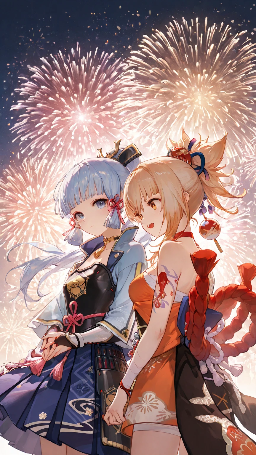 Two girls of the same height smiling in the water，No teeth exposed. Female twins， bright colors，natural lighting, best quality, Chest to chest, A masterpiece of two arms embracing the sun, Navel exposed, blush, Navel exposed, Orange swimsuit, full, excellent, Next to each other, The breasts are close to each other, Slim 2 girls huge breasts clear 4k as tall