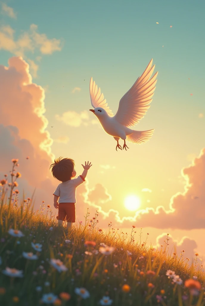 Child playing with a divine white dove playing the child&#39;s heart connected to the dove vibrant colors happy, made as if it were a Disney Pixar movie poster, very playful and the sky with sun rays is very beautiful 