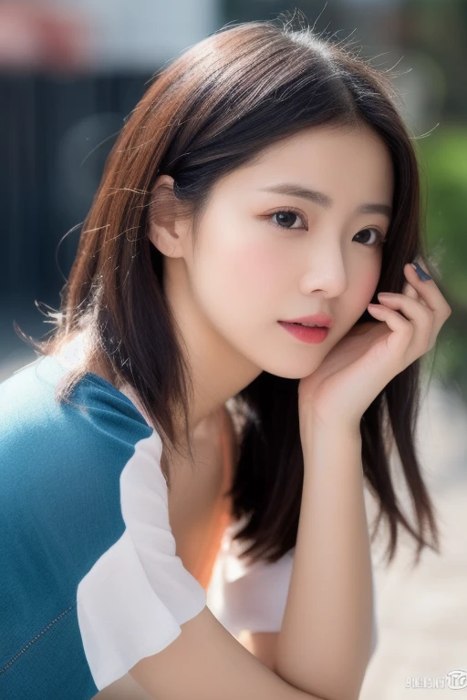 (top-quality、8K、32K、masterpiece、nffsw:1.2)、Photo of a cute Japanese woman、middlebreasts、((Straight smooth hair))、Brown hair,FULL BODYSHOT、sface focus、oversized white shirt、From above、looking at the viewers、well-muscled,A slender,High Style,high-level image quality、The background is in the city、Gentle eyes、22year old,Official art,A detailed face(Face like the real thing),detailed hairs,Realistic skin,Fine-grained skin(realskin)Beautiful detailed eyes,Realistic eyes,profetional lighting,Beautiful skin,Beautiful face,foco nítido,Street background(Awesome view backgrounds),Raw foto,A slight smil,Slim body