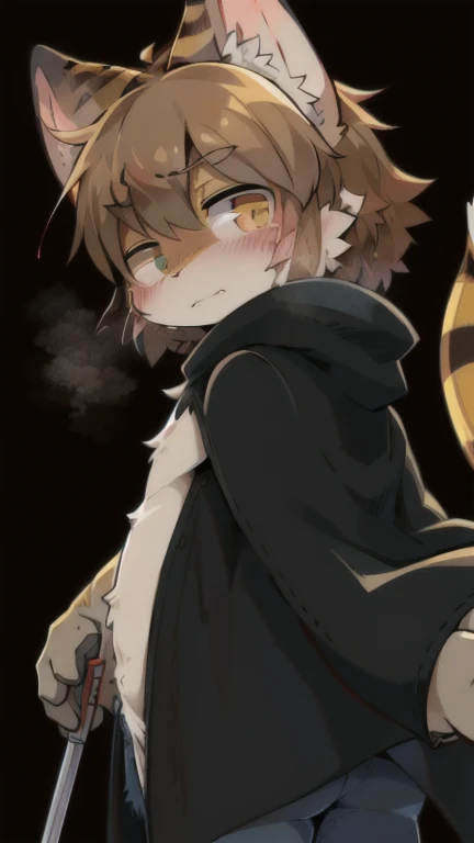 Anime boy, fluffy brown hair, brown skin, brown eyes, black, thin, femenino, flirty face, black sweater with yellow strips, femboy, eyeliner. cute and simple style, short height