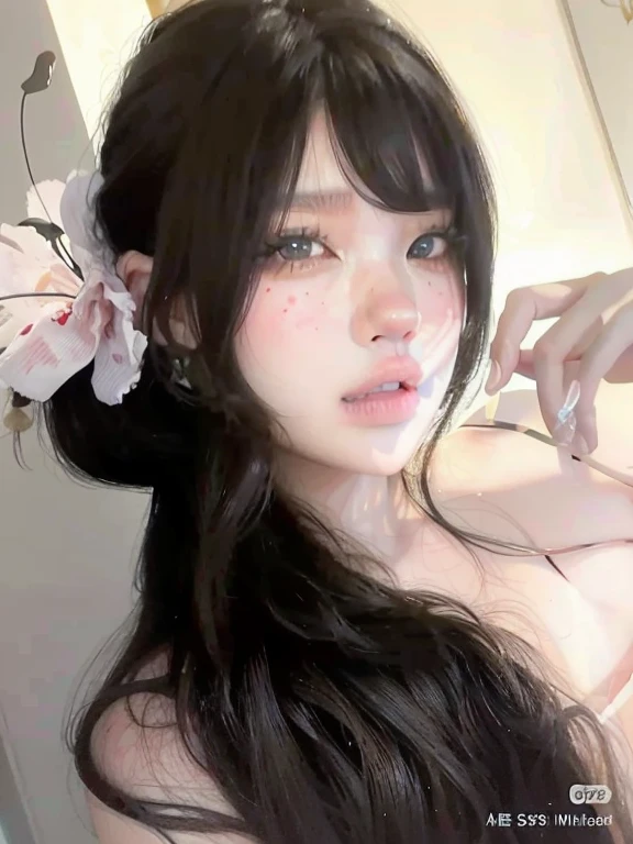 highest quality, High resolution, (photorealistic illustration:1.2), 1 girl, Japanese beautiful girl, (nude:1.5), Happy smile, High definition eyes, (Narrow eyes, Droopy eyes:1.4), Black Hair, Hair Up, Are thin, White skin, lack of moles, Small breasts, Small nipples, (Above the waist:1.4), Face Light, depth of field, blurred background, vignette, (night:1.2), Dimly lit room, large bedroom, King-size bed,