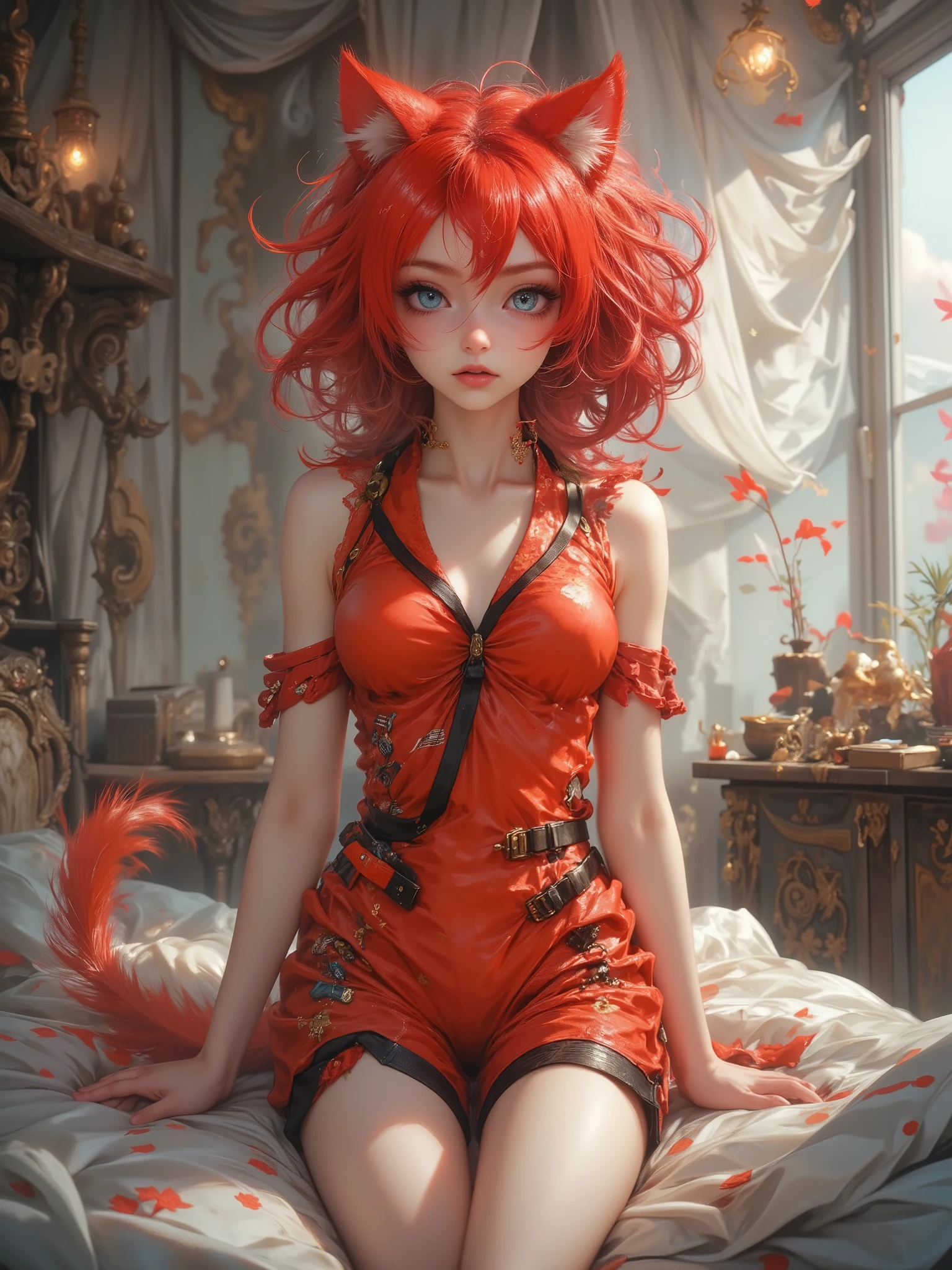 High-quality 4K animation-style digital painting , depicts the fiery red cat girl Asuka Langley Soryu ,cat ears , bright blue eyes 。 She wears the iconic red jumpsuit with black trim, standing tall , full of confidence , in bed, in short pajamas, Pajama party