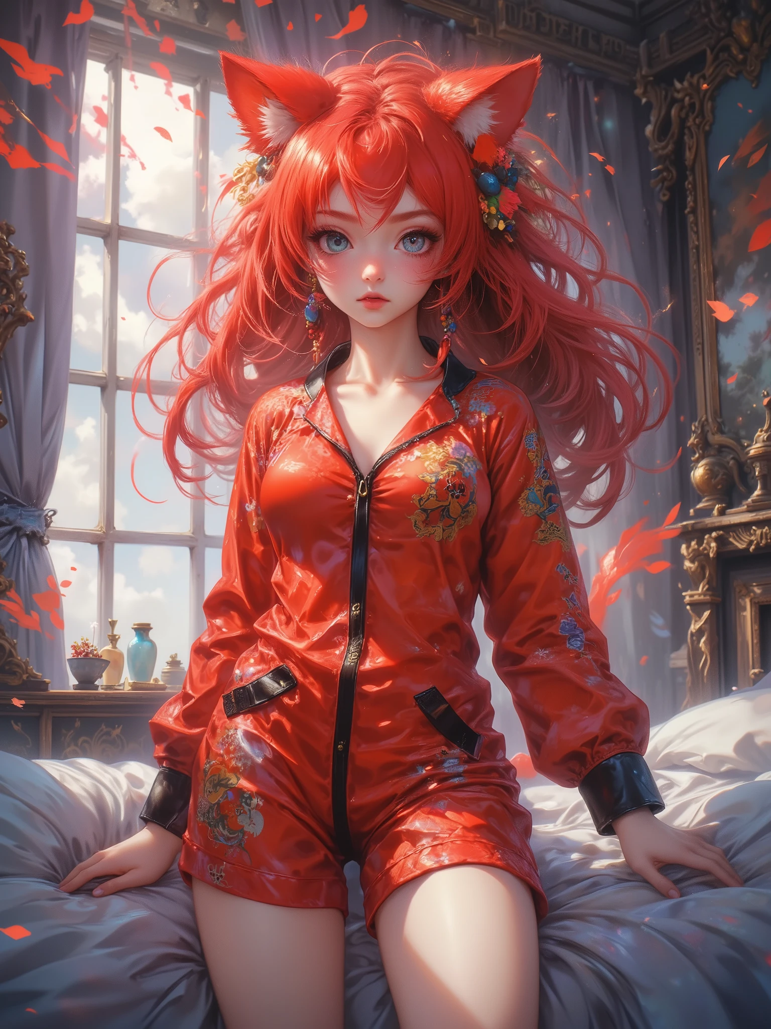  High-quality 4K animation-style digital painting ， depicts the fiery red cat girl Asuka Langley Soryu ，cat ears , bright blue eyes 。 She wears the iconic red jumpsuit with black trim， standing tall ， full of confidence , in bed, in short pajamas, Pajama party
