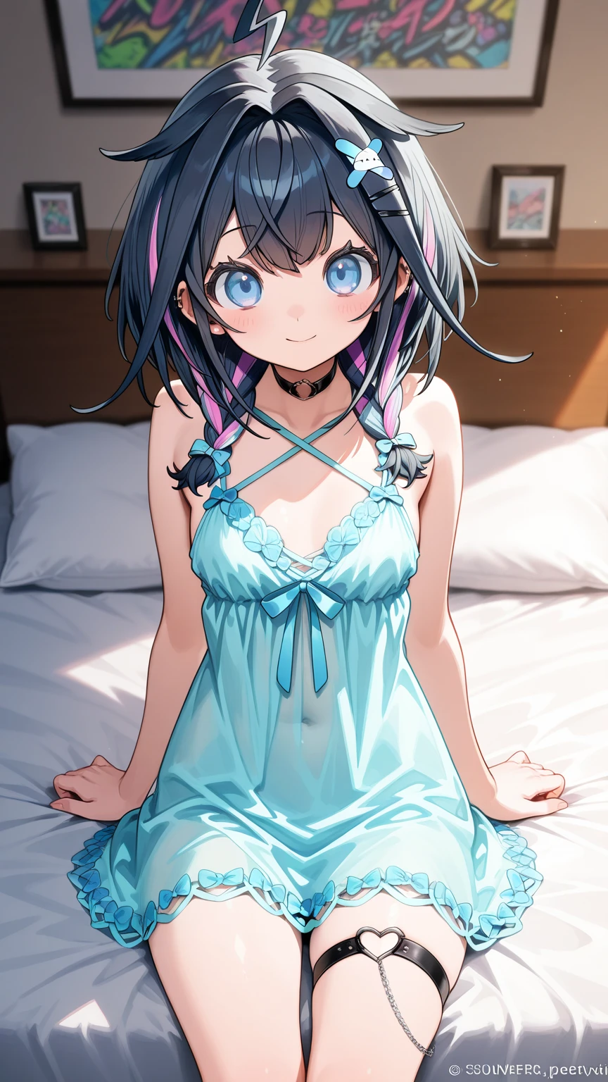 Hands behind back,Tied with hands behind back,lick,from front,front view,looking at viewer, looking ahead,from above,cowboy shot,1girl,Beautiful 14 year old girl,Japanese,Slender,,low length,Small breasts,Thin legs,Small Ass,Baby Face,Small face,Black Hair,Long Hair,one side up,Gray Eyes,Drooping eyes,slit pupils,narrow eyes.middle School girls,Black collar with black leash,A see-through black and light blue negligee,lingerie,open mouth,tongue out,front face,Kneeling,Straight Stand,Beautiful and detailed anime art,Mischievous smile,Sexy vibe,cum on tongue,Dimly lit room,On the bed,Simple Background,Gray background,Pink lighting,