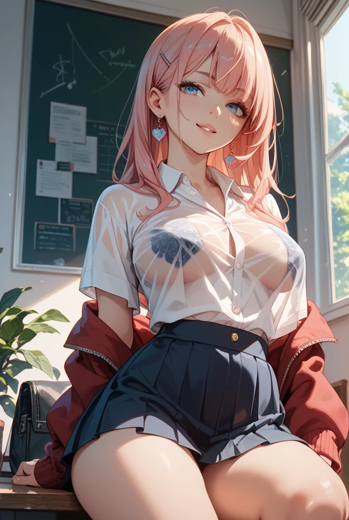 (masterpiece, best quality:1.2), solo, 1girl, honoka , skull hair ornament , necktie, single glove, black gloves, plaid skirt , steam , plaid skirt , pleated skirt , Tight shirt , white Shirt , school girl , red bow , red knot , big tits , wet white Shirt