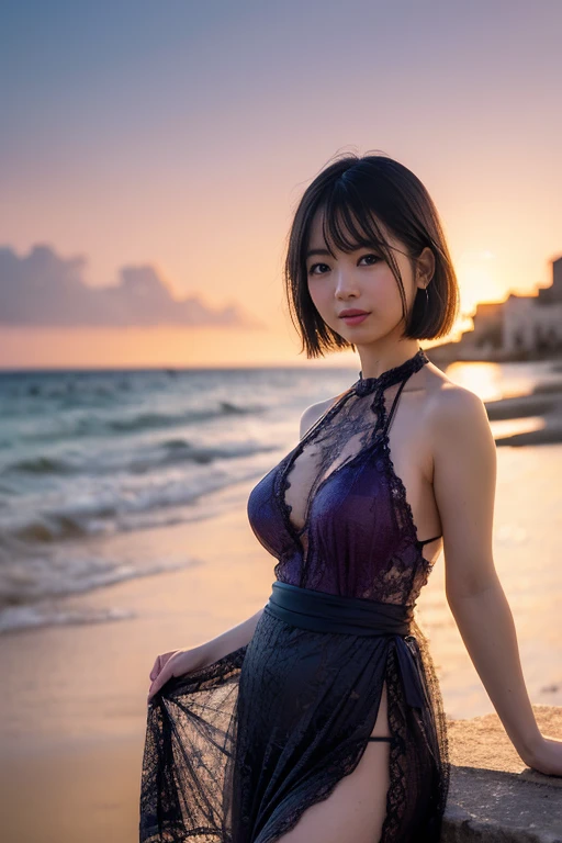 Top quality, 1 beautiful woman, super very short hair, shy smile,  midnight-black bob and penetrating grey eyes, in the moonlit ambience of a private Maldives beach. Dressed in an elegant, black lace beach dress, her pose is alluring and enigmatic, the starlit sky and gentle waves creating a backdrop of tranquil beauty.