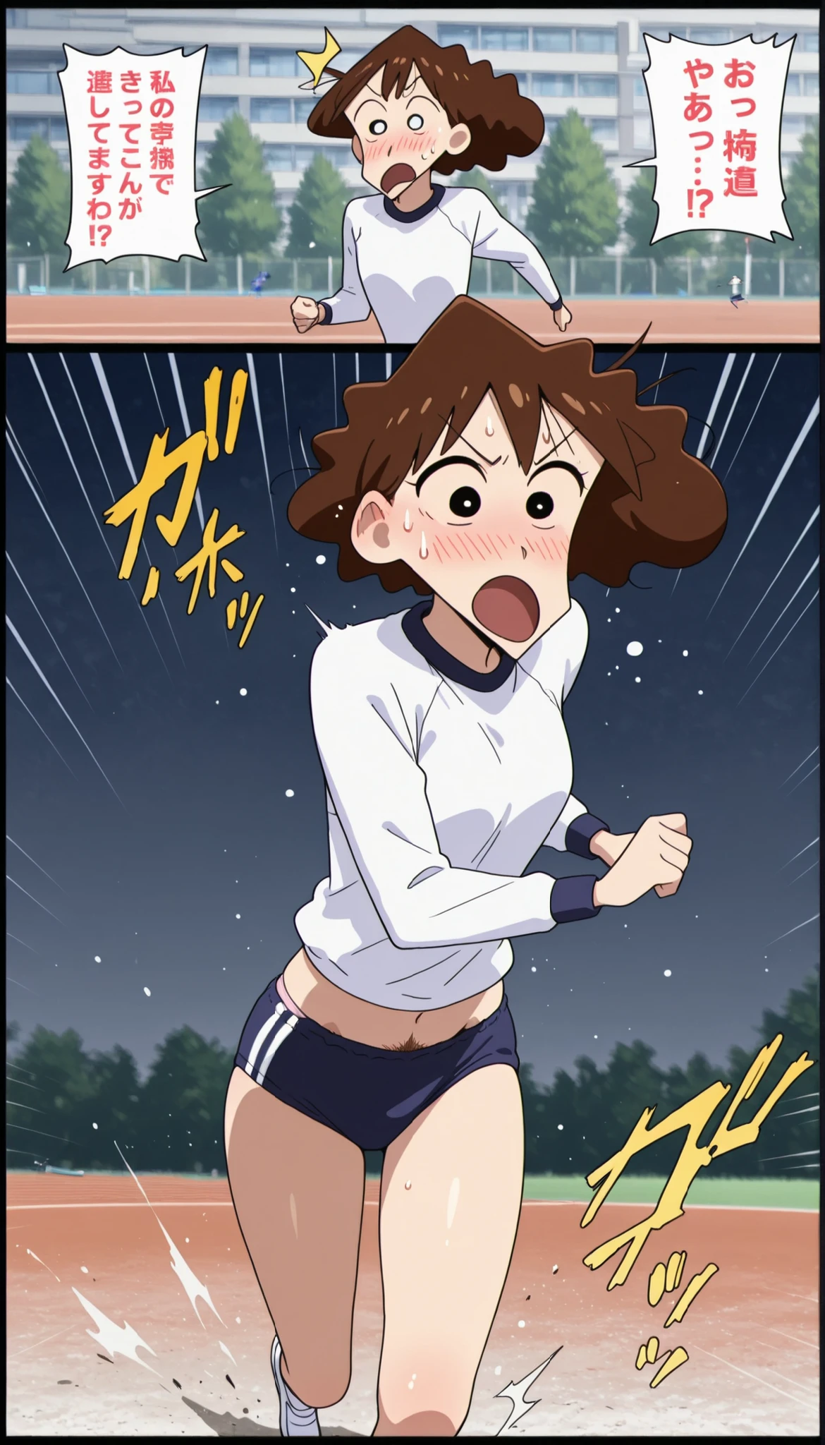 (Beautiful Girl : 1.3),1 lora:misae nohara girl,(white gym clothes,long sleeve,take off dark blue buruma,pink panties, pubic hair),dark brown haired,((shocked)),Embarrassing,Blush,Run,sweat,ground,comic bubble,Sound Effects, lines ,masterpiece,top quality,Rich Contrasts,High Definition,8k,High Definition CG Unit Wallpaper,Textures,unbelievably absurd,RAW pictures,Deep Border 1 .2,Highly detailed, (scared while running)
