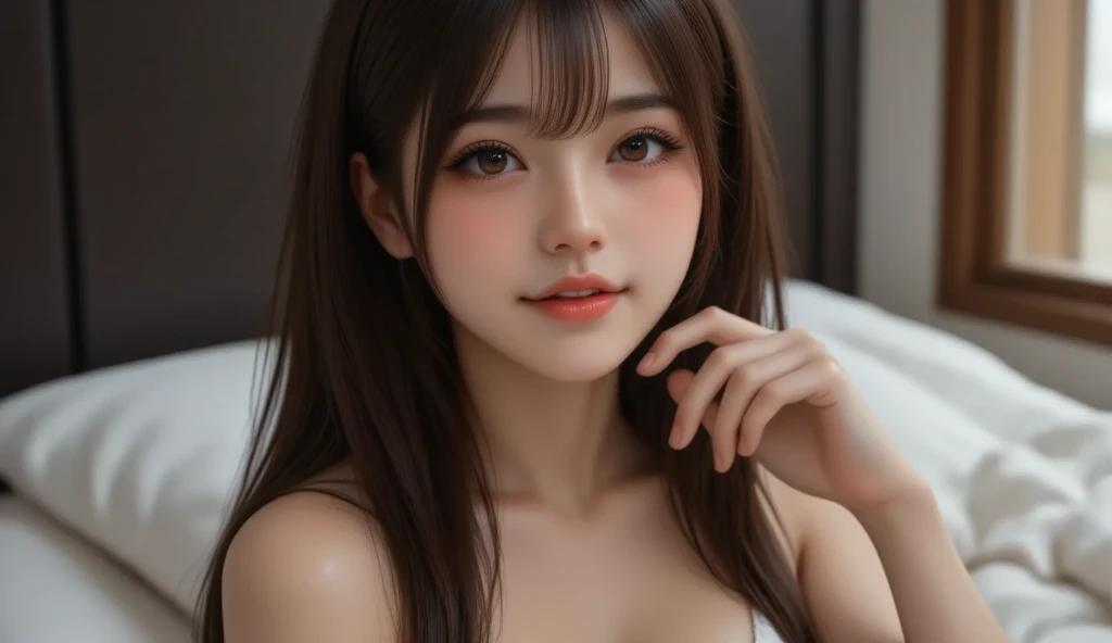 Realistic、Masseter region、highest quality、High resolution、RAW Photos、Realistic、Bright lighting、Face Light、Smooth Professional Lighting、alone、Japanese women、Half Beauty、Adult female、Beautiful woman、Modeled、so beautiful、Realistic skin、Realistic face、Beautiful Eyes、Brown eyes、Inconspicuous tear bags、slim、Medium sized big breasts、Brunette colored hair、Looking into the camera、looks happy、Cool Beauty、Camel Toe、lingerie、Lying in bed、The camera is looking at the chest from above.、Her cleavage is visible、