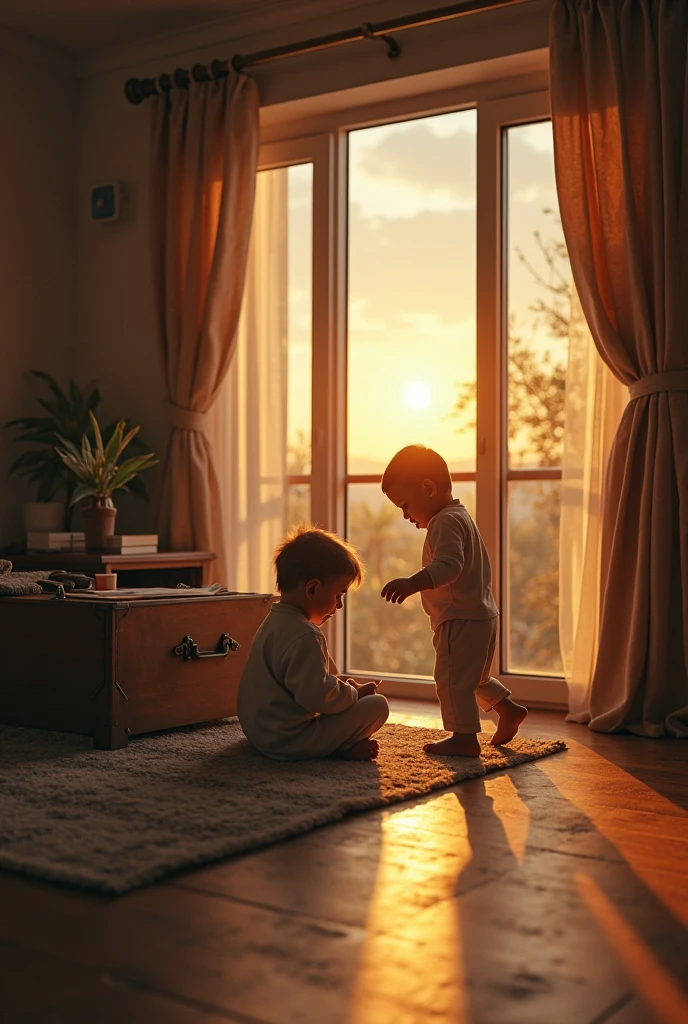 A boy lying down and a girl sitting with a shadow on the window 
