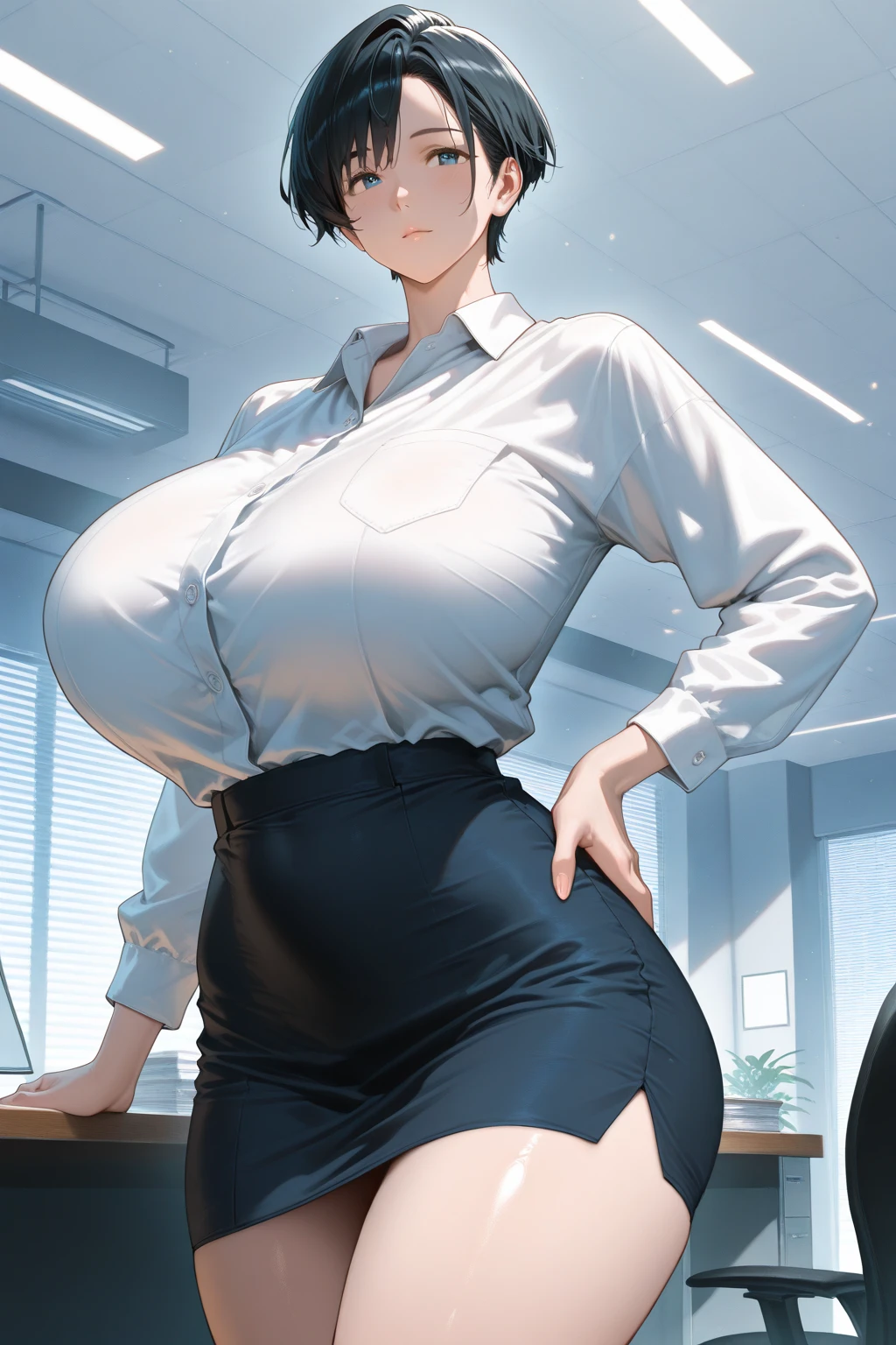 Ada Wong, (((bimbo))), black hair, short hair, brown eyes, perfect face, perfect eyes, looking at viewer, puffy lips, thick lips, wide hips, thick thighs, craving lust face, huge natural breasts, cleavage, mature mom, indoors, office lady, collared shirt, miniskirt, thigh highs, fakebreasts