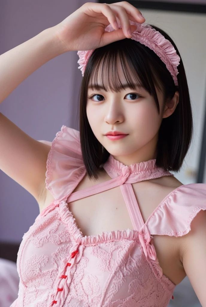 young woman,Make your face precise,Pose that shows off your armpits,(Pose that shows off your armpits),pink hair,cute japanese woman,(Kogal),lace queen,body suit,(latex rubber),8k wallpaper, Super detailed, beautiful, masterpiece, highest quality, realistic