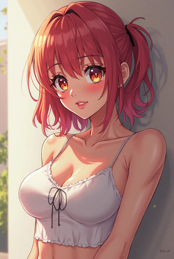 (Masterpiece, Best Quality, High Quality), volumetric lighting, illustration, beautiful , Blushing, tank top, seductive, perfect lighting, perfect shadows, nishikino maki, purple eyes,red hair, moist skin,heavy breathing , white background , looking at viewer