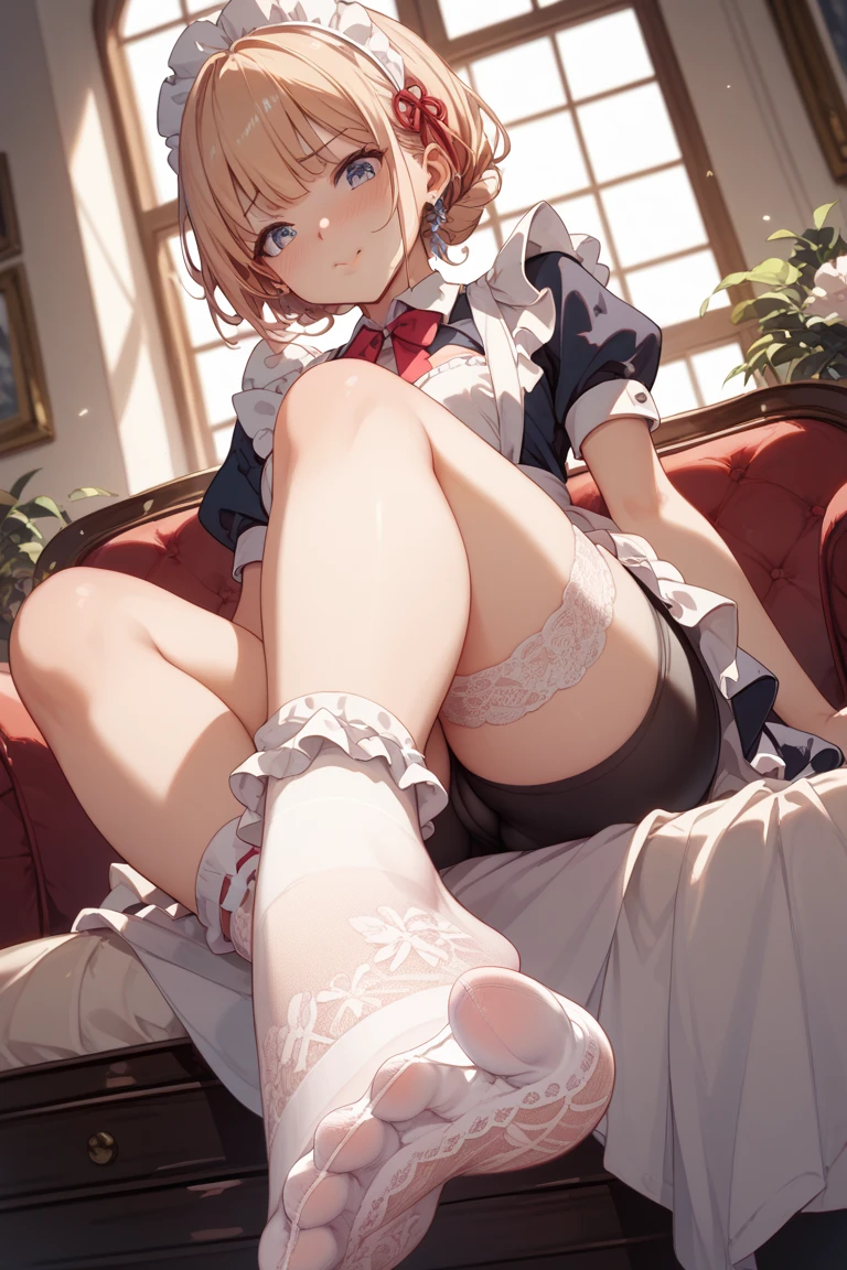 masterpiece, Highest quality, Hotel room、Aerith Gainsbourg、 short_hair, solo、Looking at the audience, 、White loose socks, Show the soles of the feet、Perfect Anatomy,Beautiful feet、Face-to-face sitting position、The soles of the feet are visible、 Sit on、Spread legs、Spread your legs wide、Hold your feet with your hands、Silk green panties、(Lifted it himself),(Showing panties),Panty Focus,((Spread your legs)),(( Exposed crotch)）、((Normal bit))　Erotic atmosphere、Make an embarrassed face、Sex、Detailed depiction of the crotch