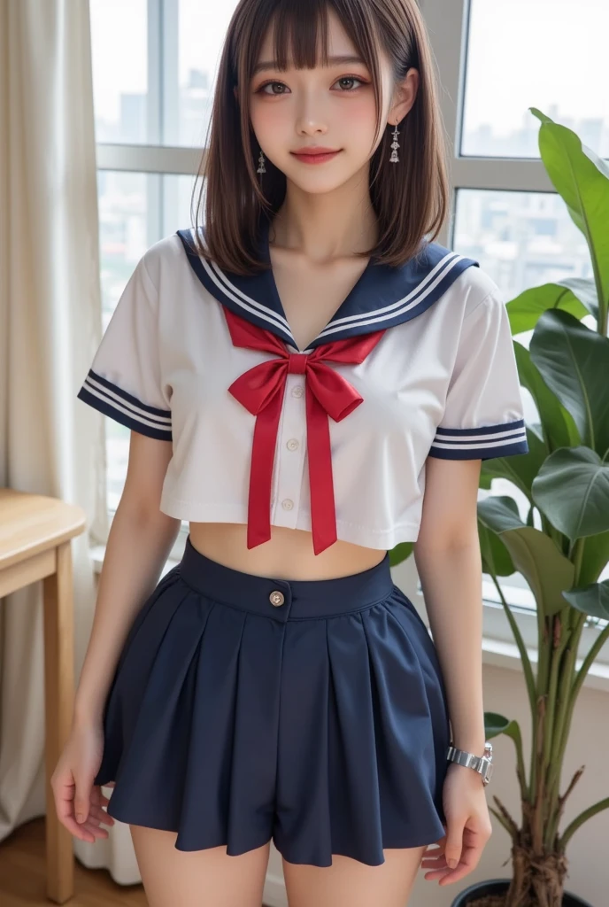 Highest quality、High resolution、Detailed Background、Beautiful face in every detail、Teenage beauty、Detailed red eyes、Realistic、Perfect body line、Black Hair、Braided bob cut、well-groomed eyebrows、Cute Lip Makeup、Calm atmosphere、A short-sleeved shiny dark sailor suit、White sailor collar、Navy blue pleated skirt、Red ribbon、White Stockings、Standing by the window of a classroom、He looked at me with a happy expression.、Cute gestures、so beautiful