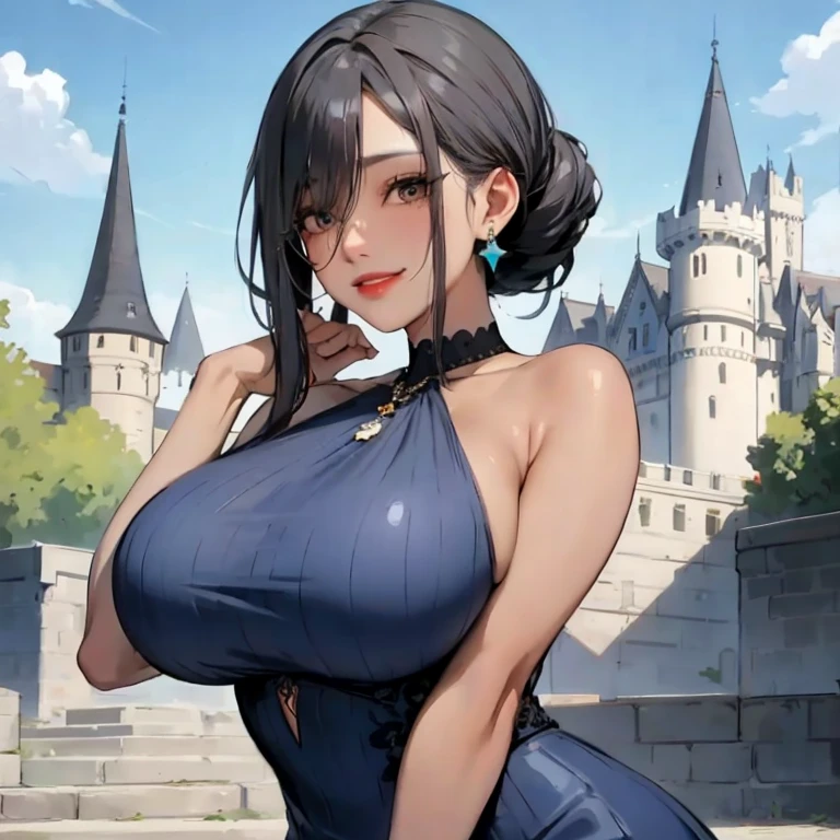 ((best quality)), ((masterpiece)), (detailed), 1girl, An 11-year-old girl, Very large breasts in a short European dress that shows cleavage