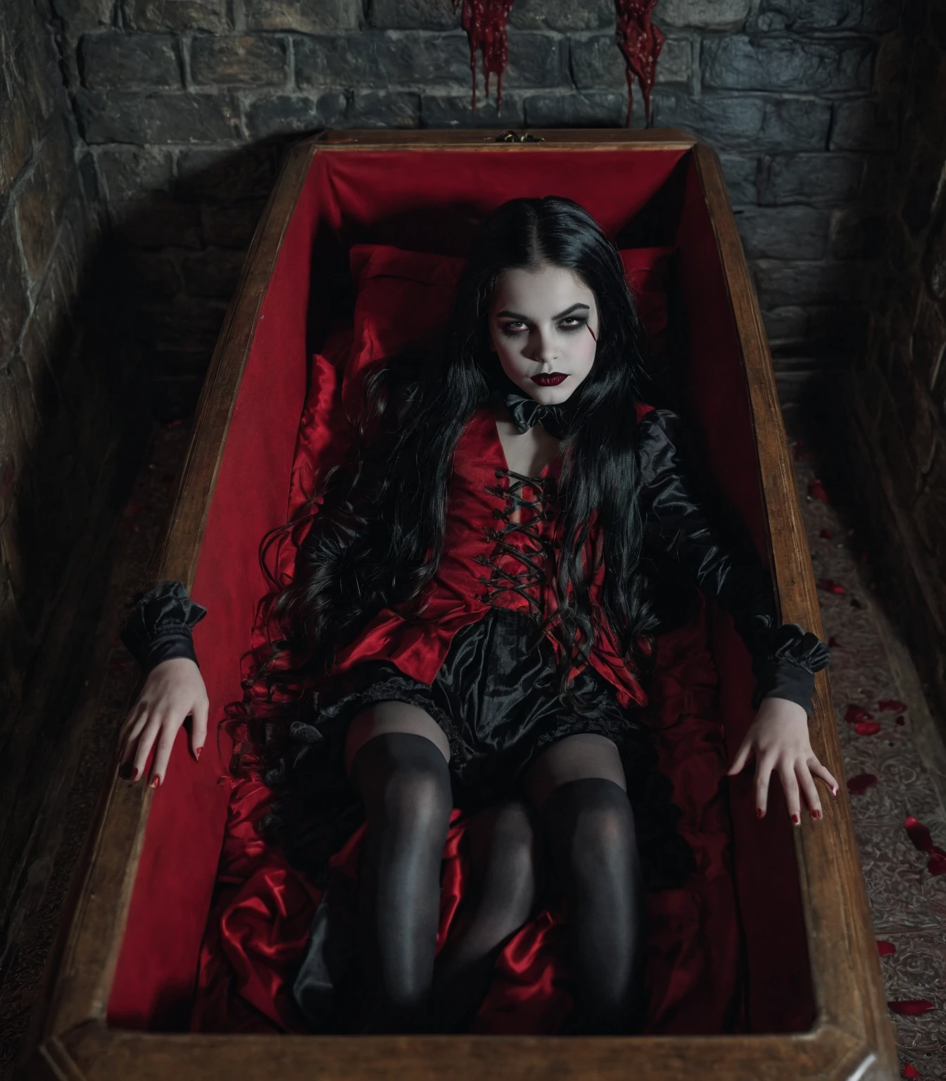Relistic photography of a woman lying on a bed of blood with a rose garden in the background, Horrible background, horror!! Highly detailed, cursed images, still from animated horror movie, Gapmoe Yandere, Laying on roses, Detailed digital art, Her eyes bleed intensely