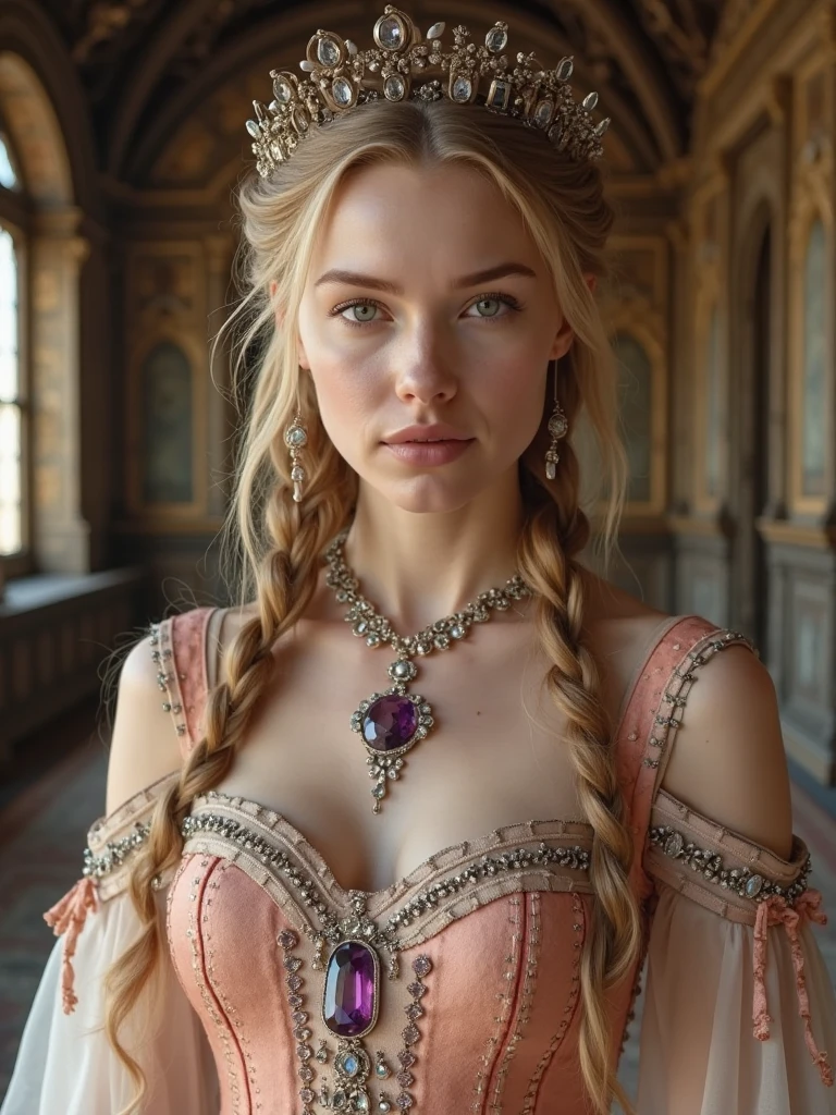 4K HD quality，Absurd themes at the level of masterpieces，A girl in front of a pink background，Blue eyes and long blonde curls，The crown was worn over his hair，Plain face with lipstick and eye shadow，The hair of the shawl is delicate，Wearing a gemstone necklace，Wear pink ball gown clothing,  full length。
