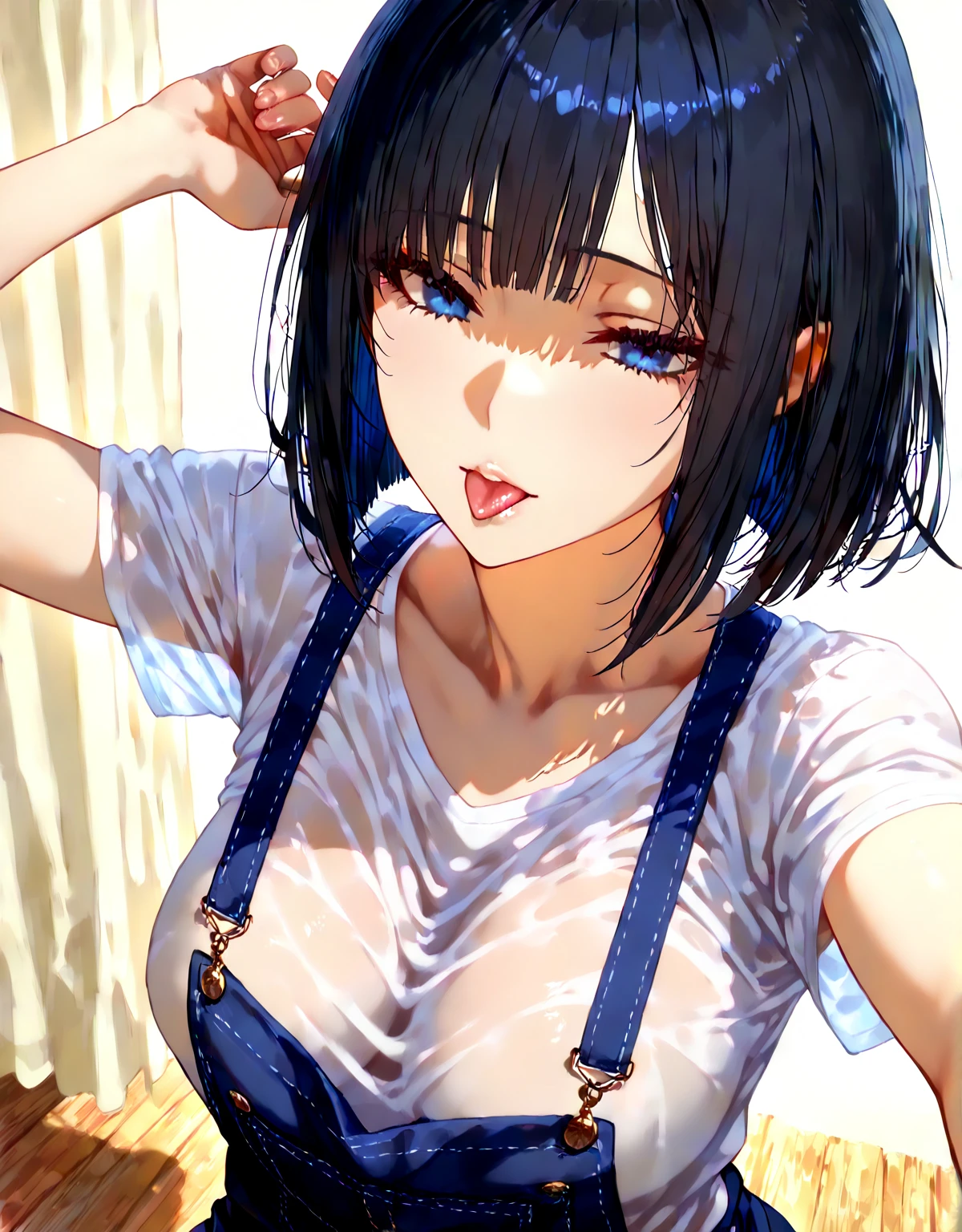 Main piece、high quality、High resolution、1 girl,single, Ruka Sarashina、jewelry、skirt、Maid uniform with bare chest、Japan maid café、black hairの女性、short hair、black hair、black pantyhose, blue eyes, long sleeve, Blue Hair Band, bangs, big breasts, cleavage, Medium waist, medium hips, wide thighs, Cowboy photos, smile, Charm, embarrassing, blush、large crowd of people, looking at the viewer,from below、Low - Angle,とてもbig breasts、cleavage、No bra、No panties、No panties、非常に短いskirt、nipple、nippleを出す、nippleからミルクが吹き出す、nippleからミルクが滴る