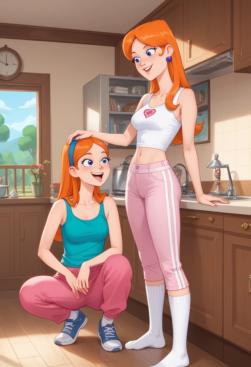 sam, totally spies, orange hair, green eyes, doggystyle sex, white skirt, pink top, kneeling, skinny, on al fours, smile, half-closed eyes, shota-boy, room, bare shoulders, top-tank
