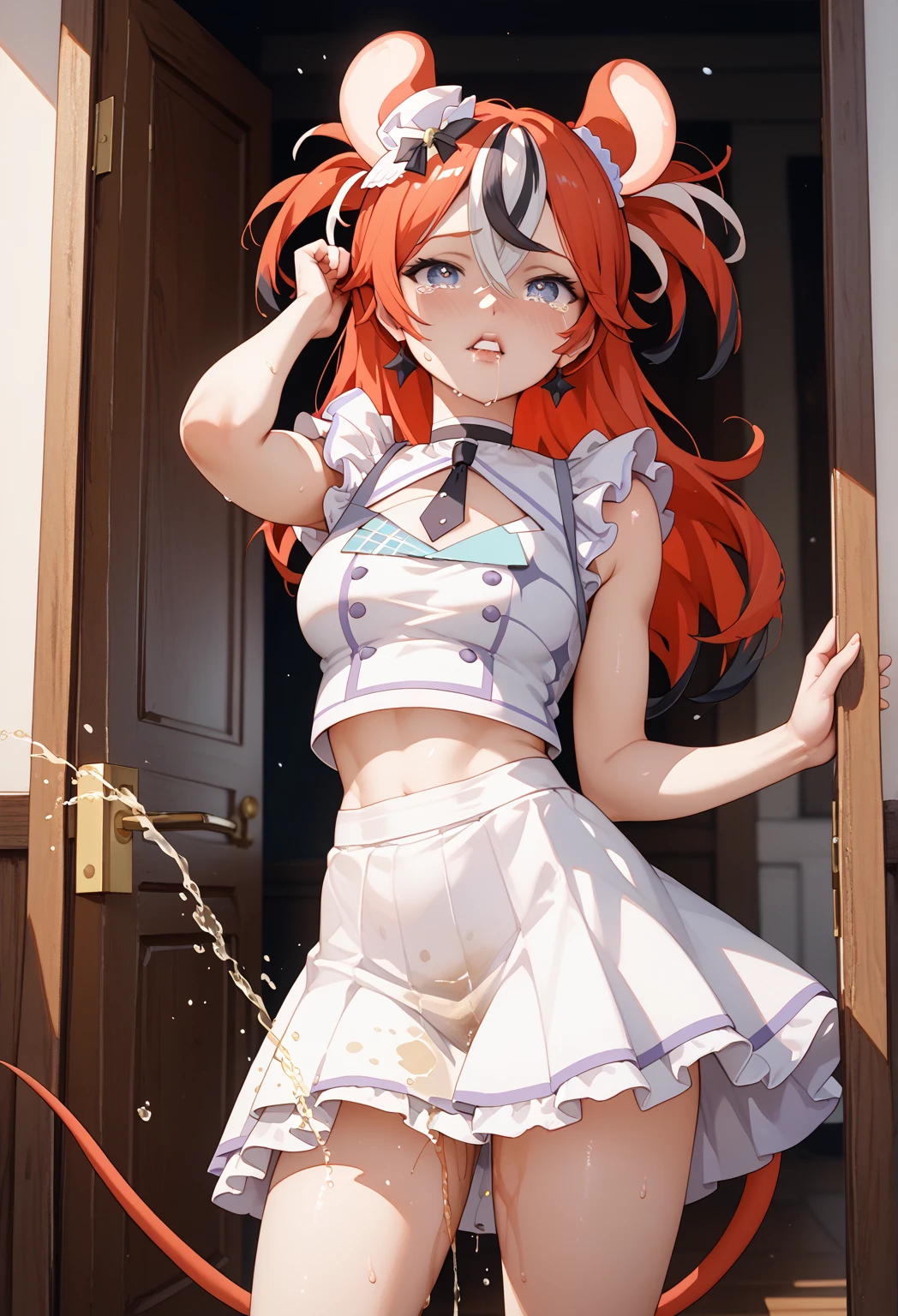 sexy dance show,sexy pose,Daiwa Scarlet,Umamusume,brown long hair, twintails,good anatomy, masterpiece, best quality,realistic, hyperrealistic, 16k hdr,Smile,(Live Stage),see through costume,Stage costumes,Horse tail,sing a song,ultra miniskirt,navel,micro panties,clearvage,erected nipples,sweat,from below