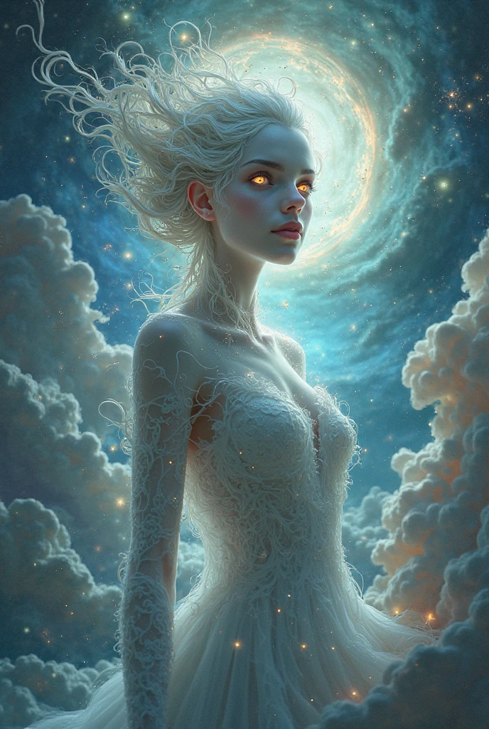 High Definition RAW Color Art, cartoon,sculpture, Silver Marble Skin, (((Extremely meticulous and elegant))), Magical atmosphere, (Delicate skin, texture (Complex details, Fine details, Ultra Detailed), Crimson Moonlight, Depth of Field, Bokeh, Silky touch, Ultra Detail, Mask drawing, glitter effects, Monochrome background, ,Dynamic cloud, Sunset, Lilac, Winter gear, beautiful eyes, Elegant face, White cape, Watch from below, look back
