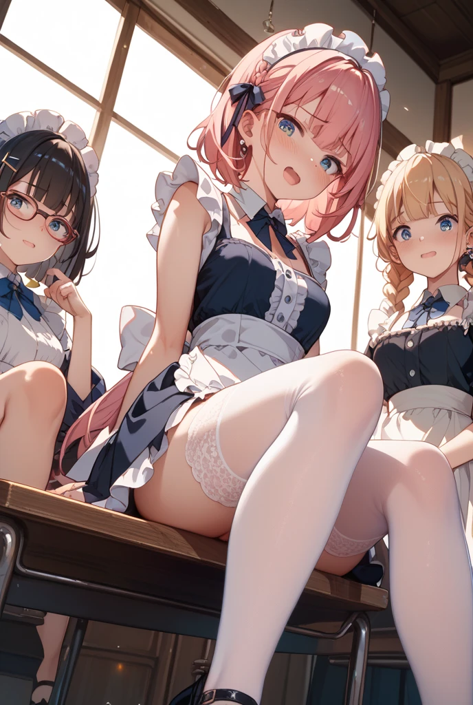 (((focus panties))), (I look up at the five girls from the ground.)、(Five girls are standing in a circle around me, looking down at me.)、circle、(seductive grin), (((5 giant girls)))、((angle from below)), 5 young face, (thighs), 5panties, (angle from under 5 girls),baby face,mesugaki,maid clothes, Blonde long hair