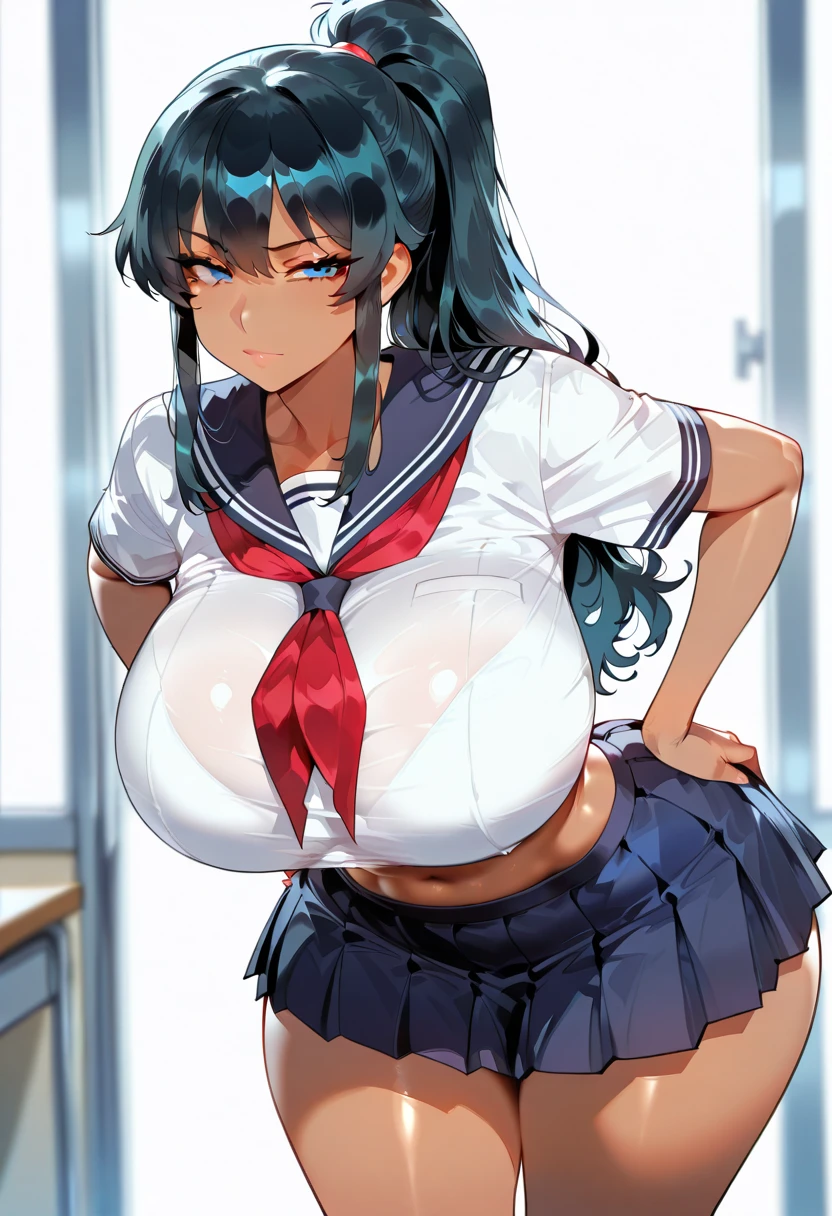 (((highest quality、8k、masterpiece：1.5)))、(Slanted Eyes、blue eyes、Green short hair、Hair is tied into one bun、(Big Breasts：1.2)、Summer sailor uniform、Blue pleated skirt、13 years old))、((Perfect Anatomy))、whole body、smile、Look forward、Looking into the camera、Simple Background
