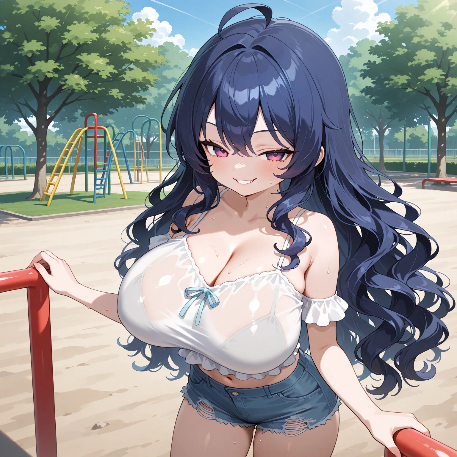 Naked, sexy, big butt, big breasts, white lingerie, black lingerie, lace lingerie, cleavage, happy, full body image, naked, On a park bench.q