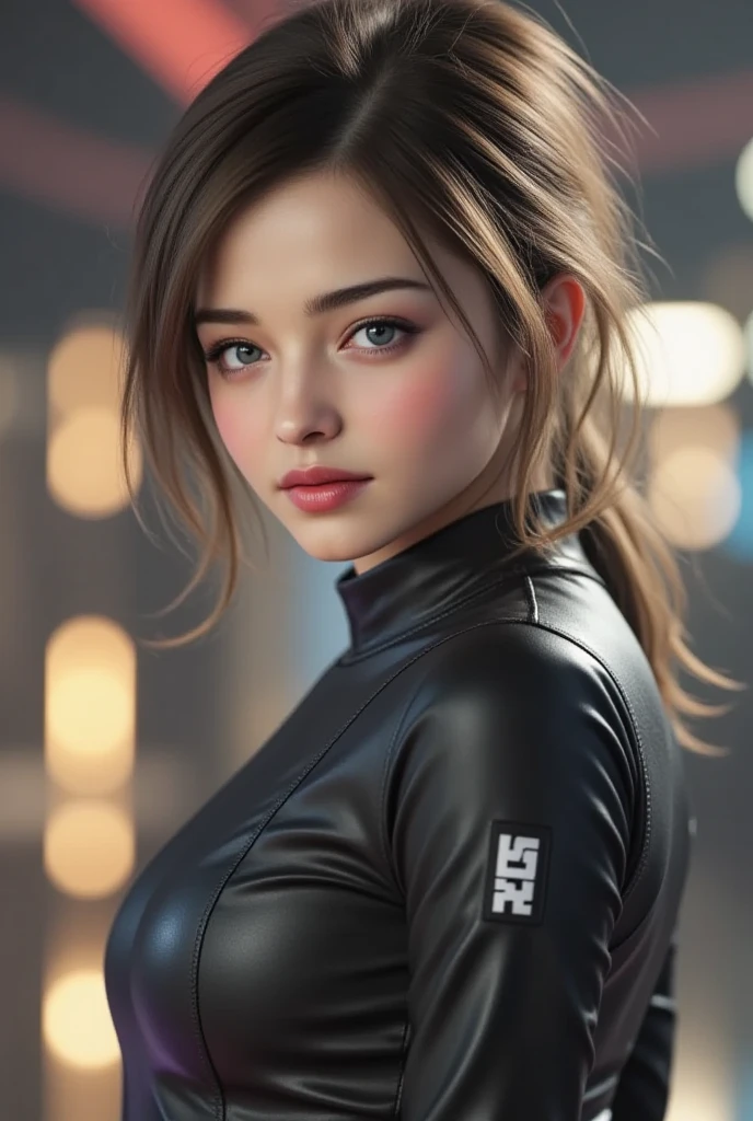 (8K, RAW photo, Best quality, Mastery:1.2), (Realistic, photo-realistic:1.37),1 girl,Cute,Blue eyes, (Solo),full-body portraits，Detailed ponytail，Dramatic angles，office room，looking at viewert，angle of view ,cyber punk perssonage,Short black lace skirt，