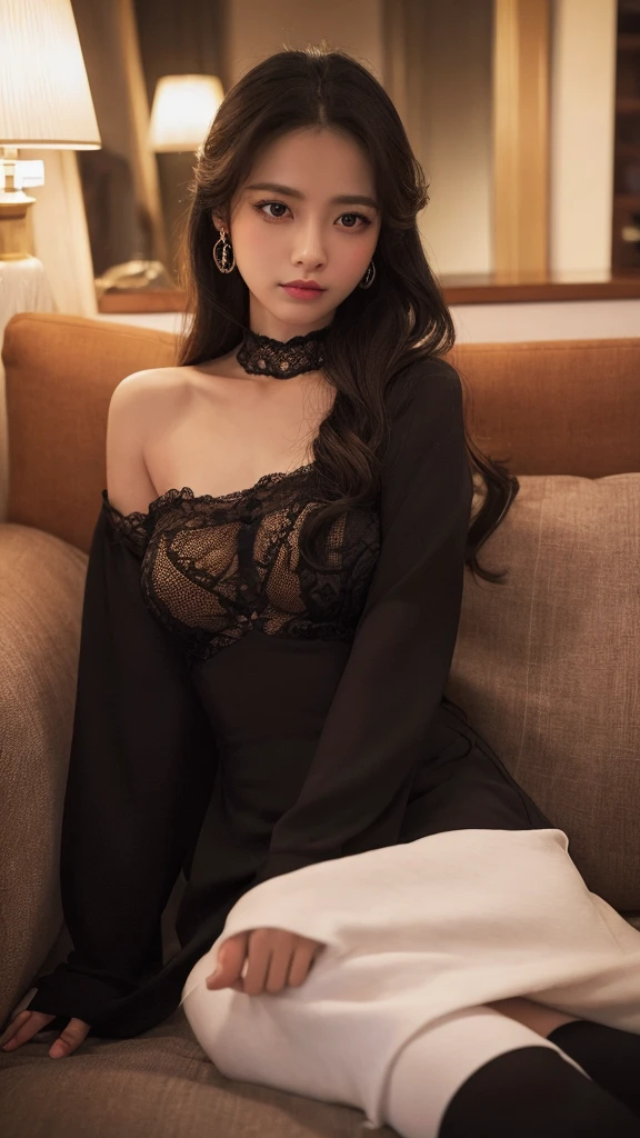 Super detailed、Japanese、charming beauty、Dainty woman、sharp eyes、cool girl、wavy hair、suit、Black chiffon dress、lacy fabric、Jacket、blouse、flare skirt、black pantyhose、Shiny legs、evil female executive、evil depravity、brainwashing、Mind control、lipstick、have lip gloss、grin、邪evilなな表情、evil、empty eyes、邪evilな、in the darkroom、lean back、seductive pose、meanwhile、